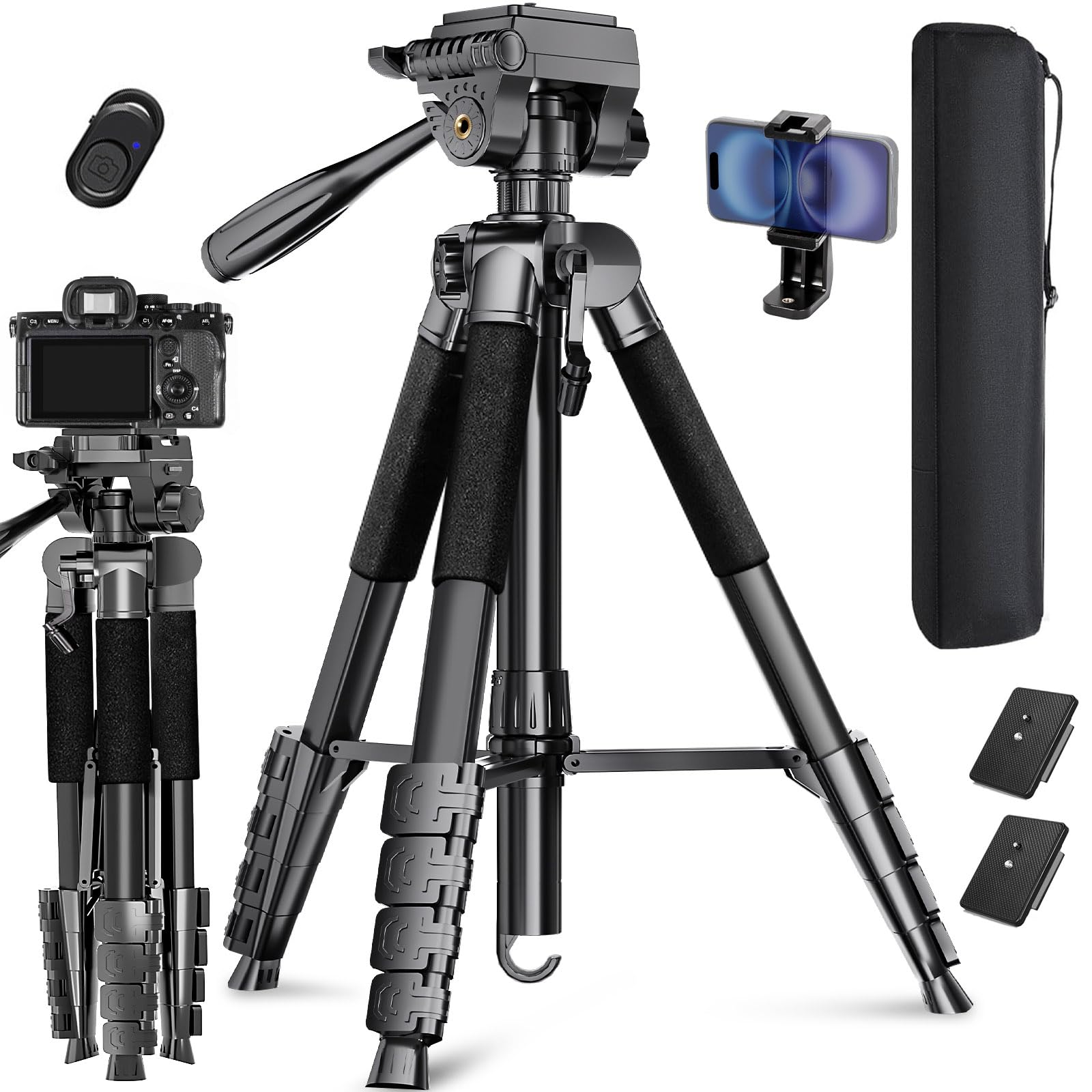 Lusweimi 187cm Kamera Stativ, Aluminium Reisestativ mit 360° Panorama Fluidkopf&2 QR-Platten für Sony/Nikon/Canon, Telefonstativ mit Handyhalter/Fernbedienung für Tiktok/YouTube/Vlog/Video (555+)