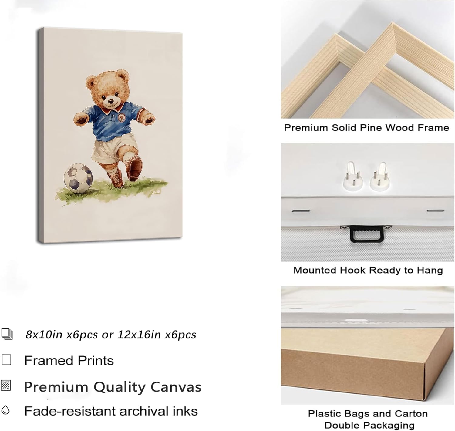 6Pcs Nursery Teddy Bear Canvas Wall Art Bear Sports Paintings Vintage Boy Room Wall Decor Cute Kids Animal Posters Prints Kindergarten football Pictures for Children Bedroom Playroom Framed