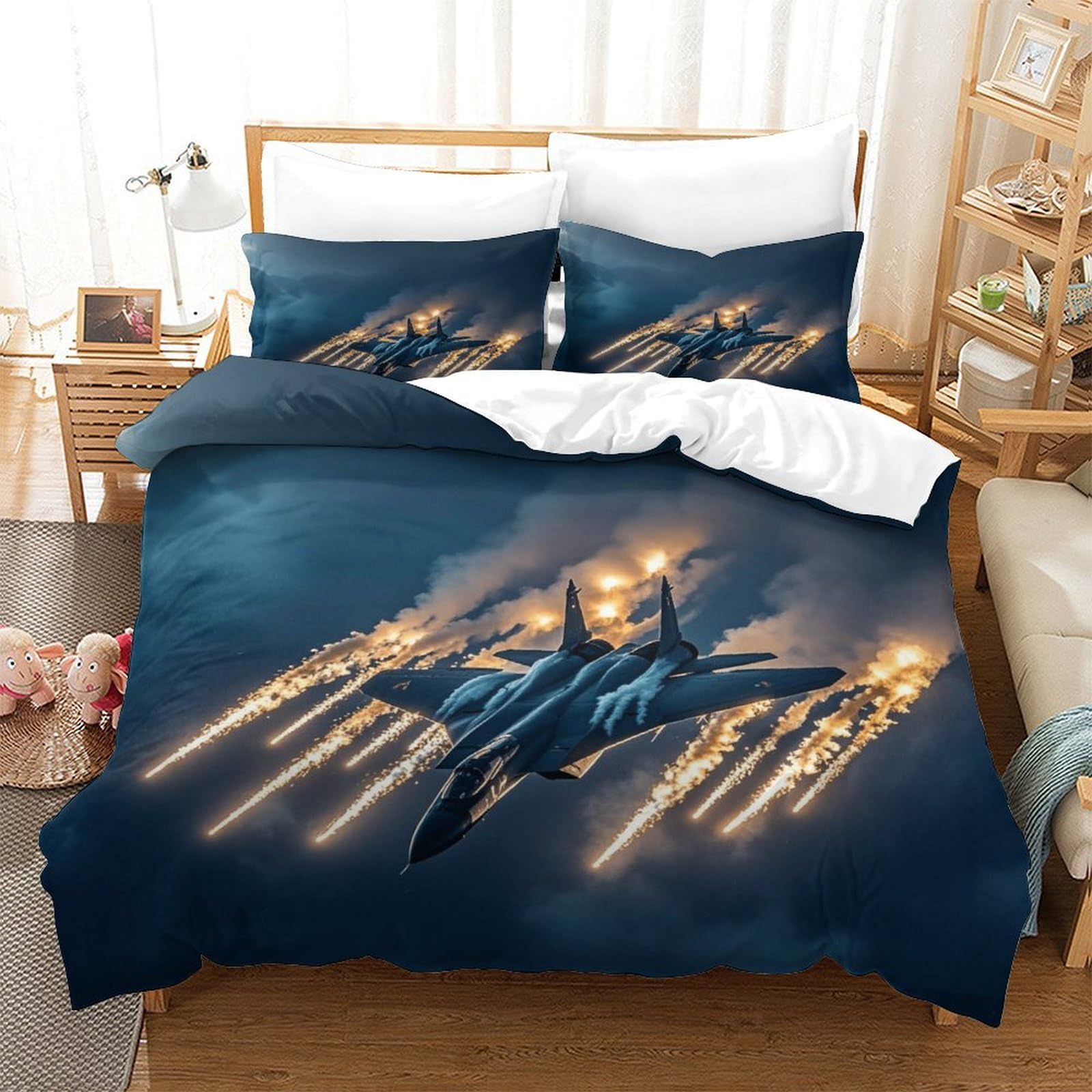 Lililaobiao Boys F18 Fighter Jet Bedding Set With Zipper Comforter Cover 3D Printed Warplane Quilt Cover With Pillowcase Duvet Cover Microfiber For Childrens And Adults Double（200X200cm）