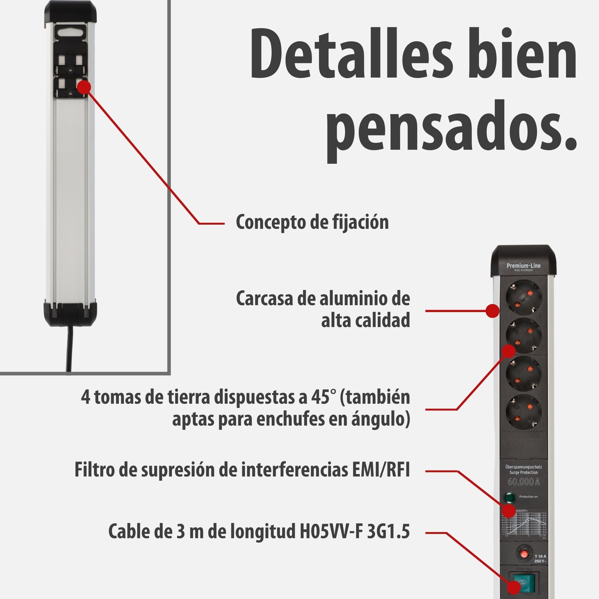 Brennenstuhl Premium-Protect-Line regleta enchufes de 4 Tomas con protección contra sobretensiones hasta 60.000 A (Cable de 3 m, Interruptor, Fabricado en Alemania) Plateado/Negro