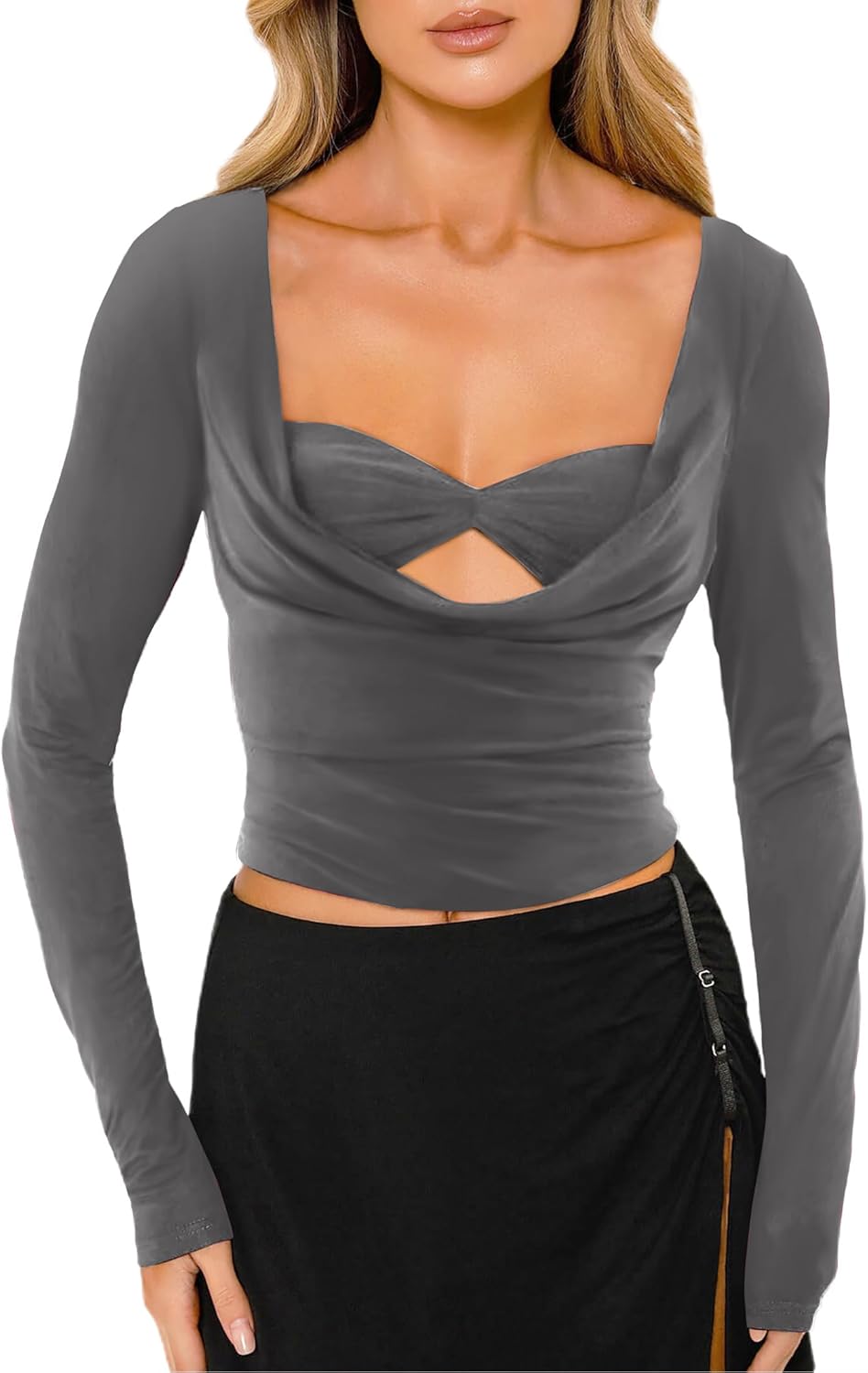 CSDAJIO Women's Sexy Draped Cowl Neck Long Sleeve Cut Out T