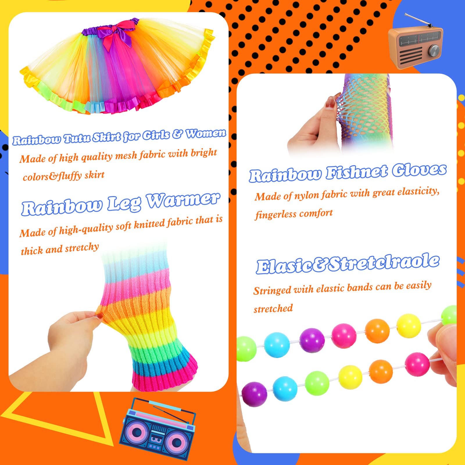 Hifot 80s Fancy Dress for Women,1980s Neon Accessories Set Rainbow Tutu Skirts Leg Warmers Gloves Glasses Earrings Bracelet Necklace Retro Party Costume - Image 3