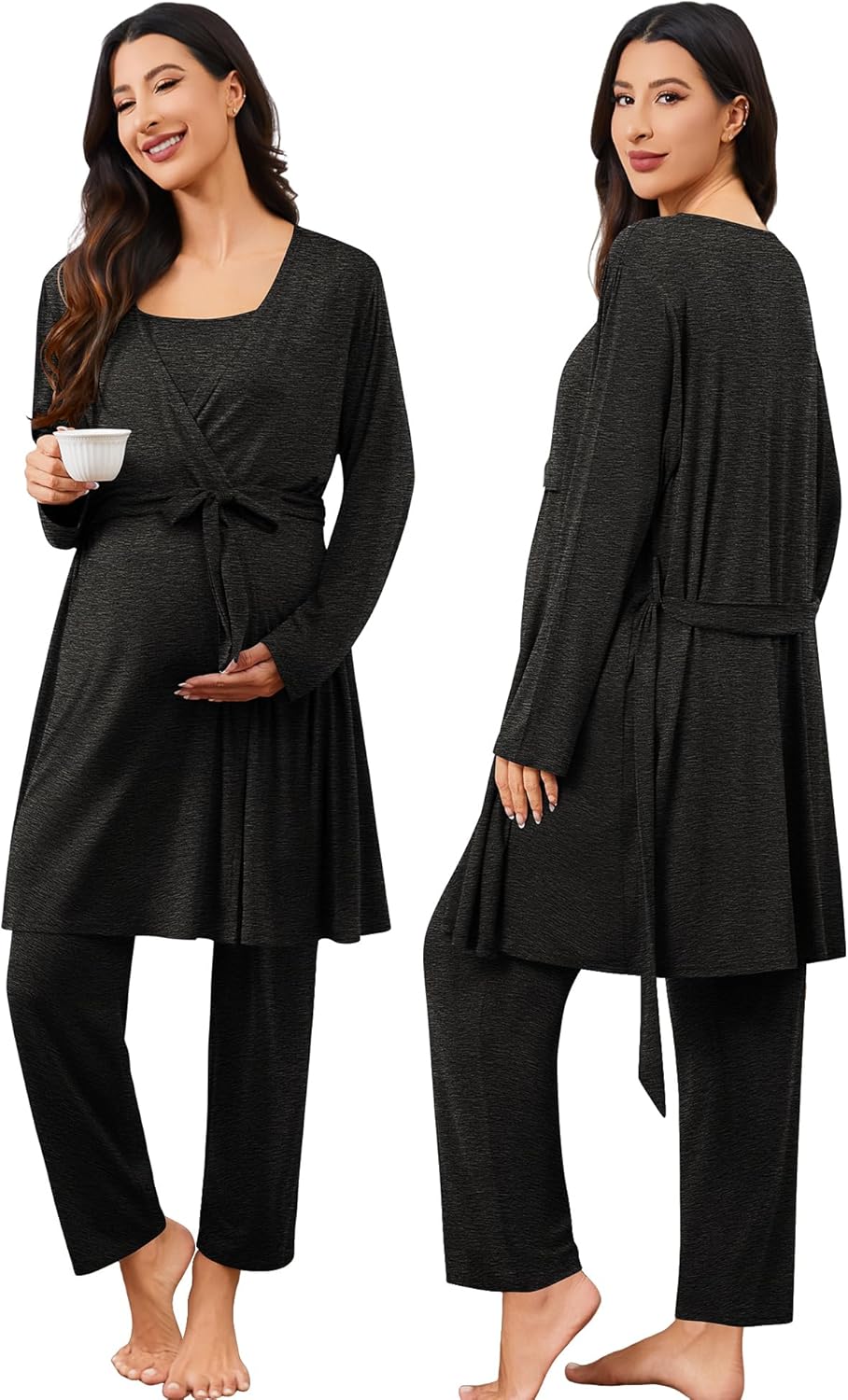 SWOMOG Maternity Nursing Robe Set 3 PCS Postpartum Pajamas Breastfeeding Pregnancy Robe & Camisole & Pants - Image 5