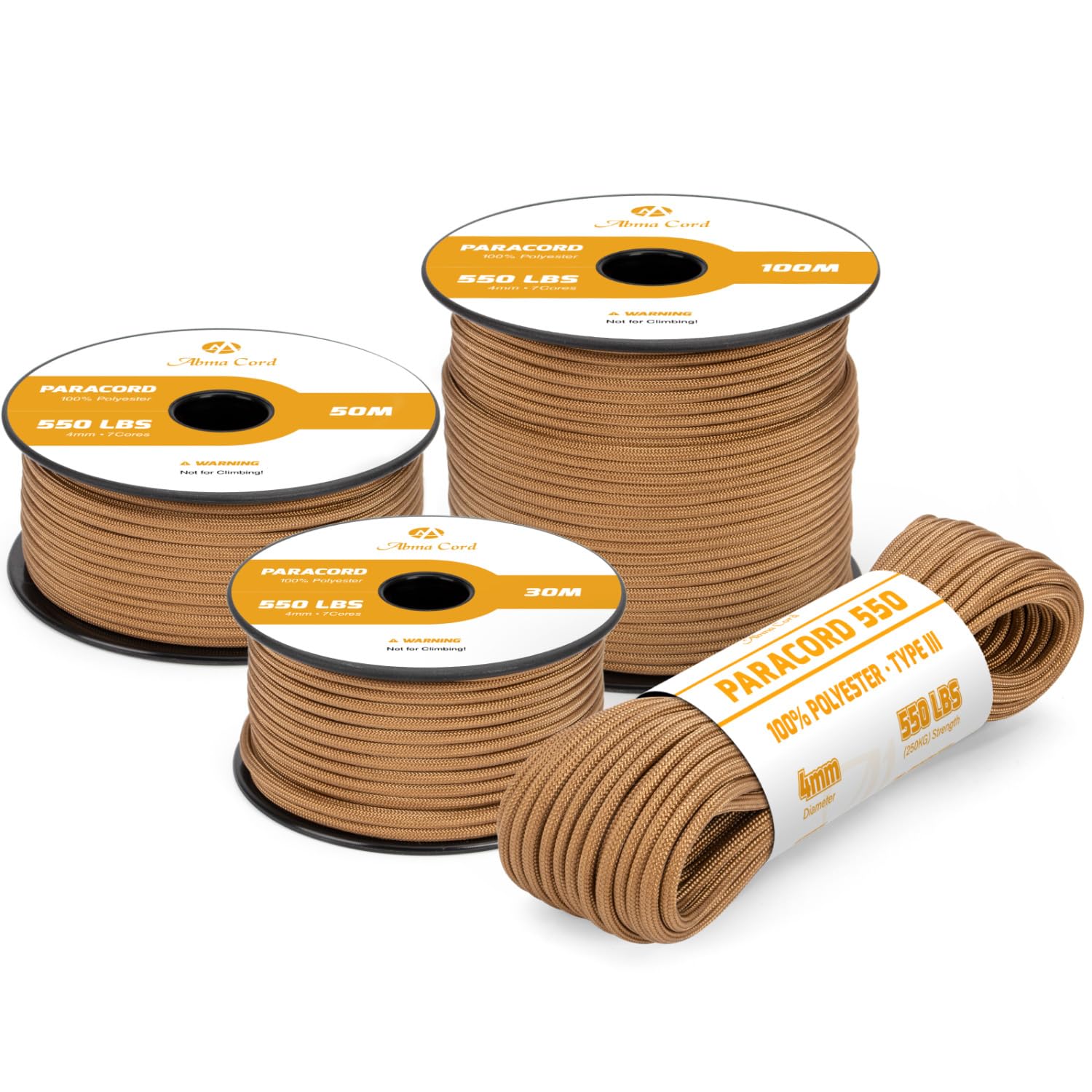 Abma Cord 550 Paracord 4mm 15m Rope 7 Strands Type III Parachute Cord for Crafting, Camping, Survival, Outdoor - Max. 250kg - Brown
