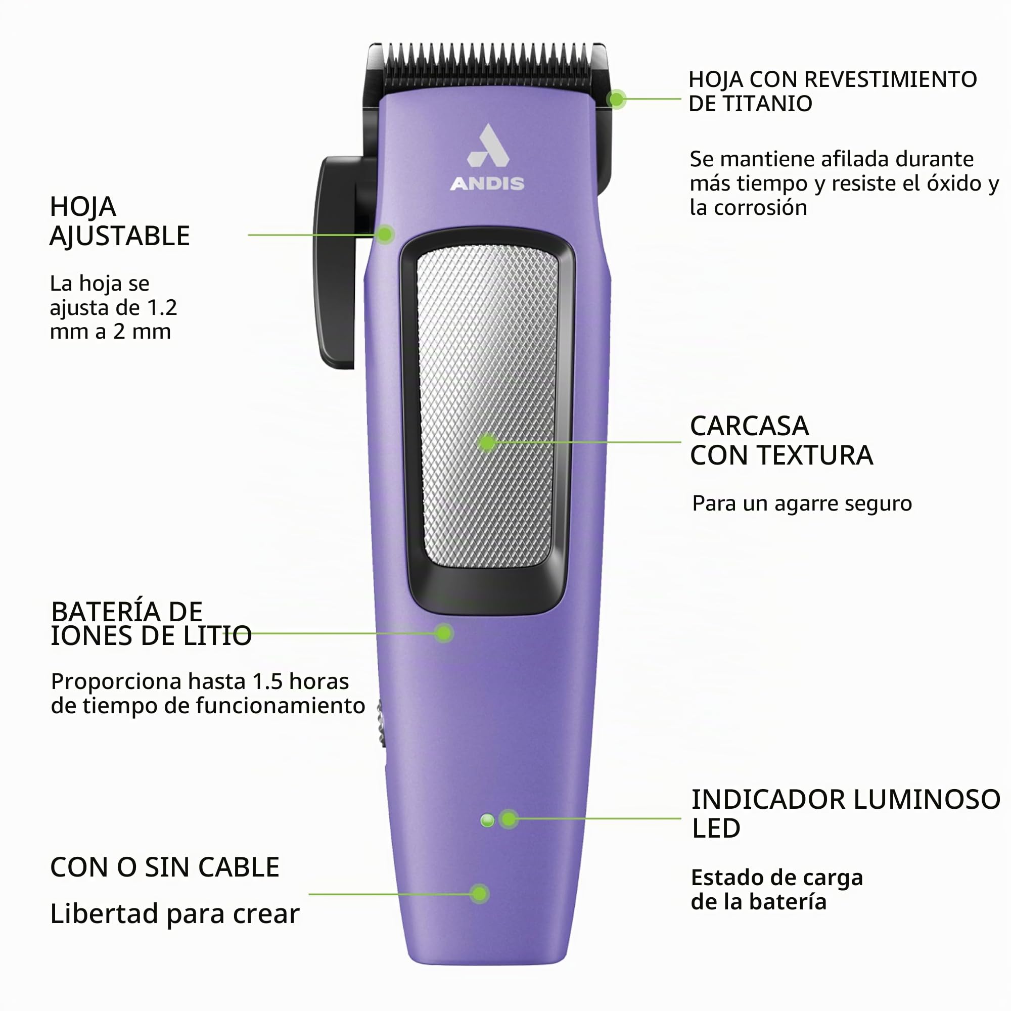 Andis Easy Clip 560017 - Cortapelos inalámbricos para perros con hoja ajustable II, kit de 10 piezas, batería de iones de litio, morado, 560017