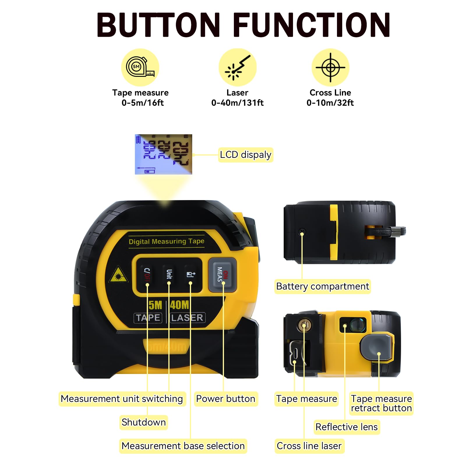 Fitdays Mètre Laser 3-en-1 avec Ligne Croisée | 40m Laser + 5m Ruban AutoBloc | Grand Écran LCD (m/ft/in) & Calculs Surface/Volume | Bricolage, BTP, Professionnels