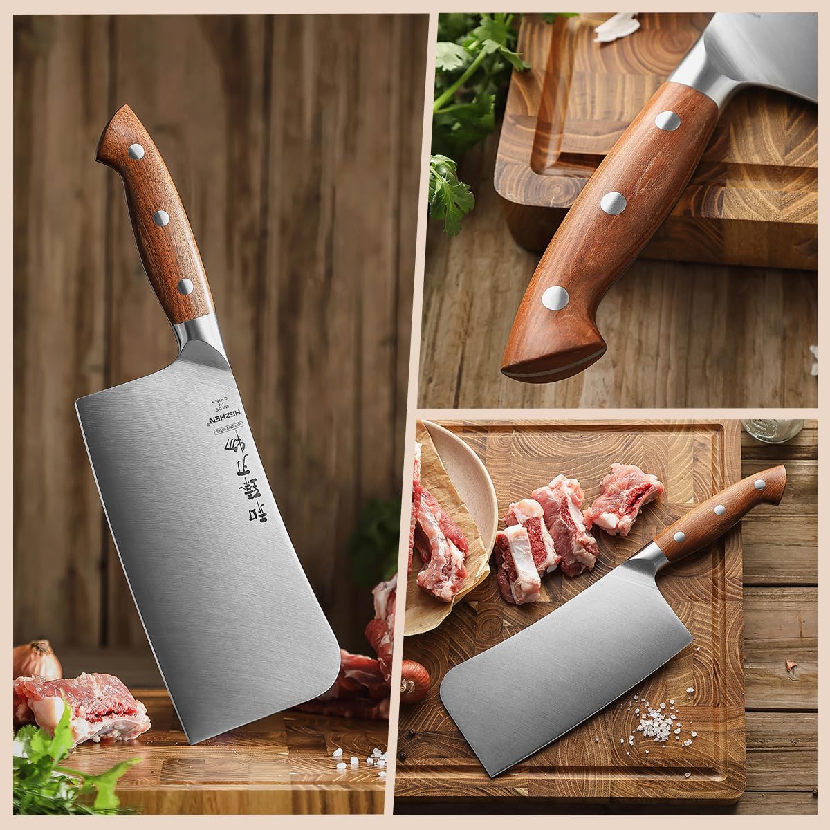 HEZHEN Couteau à Hacher Chinois, Couperet à Viande, Manche en Redwood