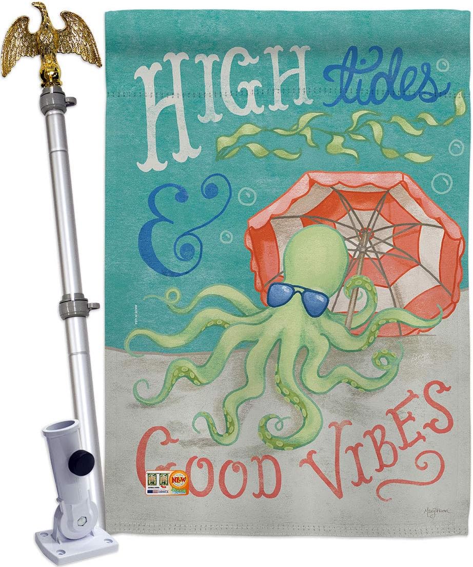Octopus Good Vibes House Flag Dowel Set Animals Sea Creature Nautical Ocean Fish Outdoor Summer Marine Small Decorative Gift Yard Banner Made In USA 28 X 40