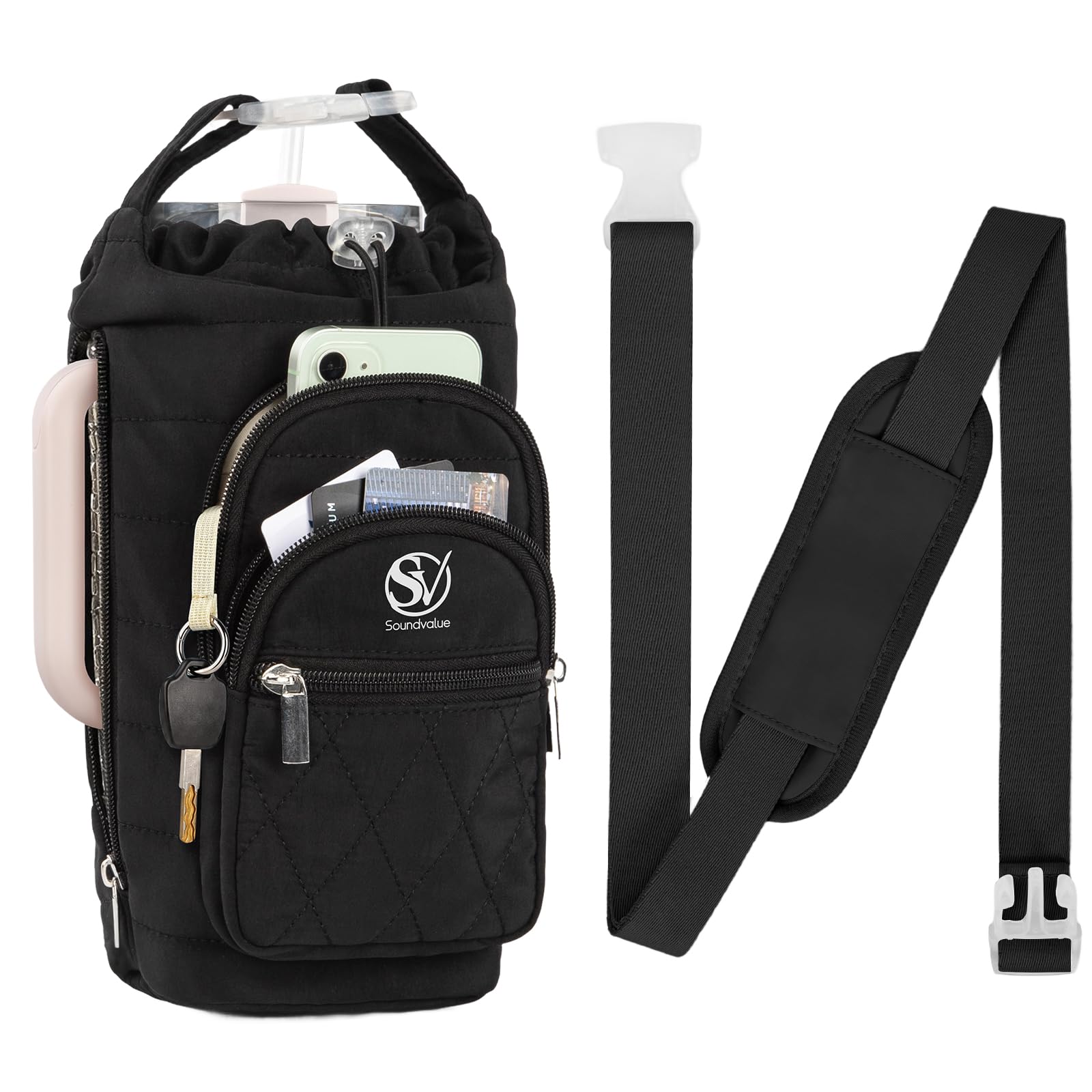 View 1 of [strap missing] SOUNDVALUE Water Bottle Bag - Black, Crossbody