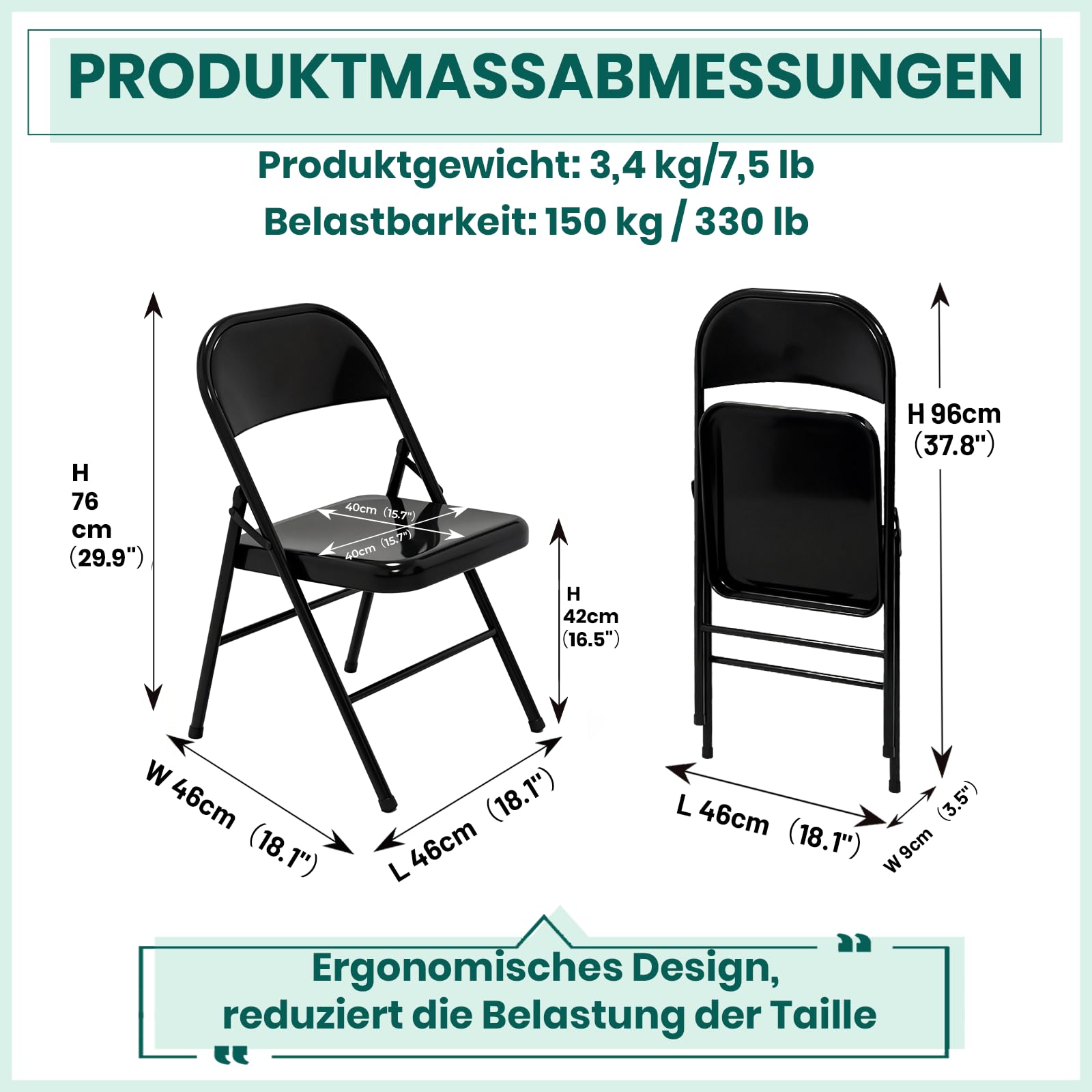 Vollstahl-Klappstuhl 4er Set, Schwerlast-Metallklappstuhl, Ergonomische Rückenlehne, Leicht&platzsparend, Tragfähigkeit 150 kg, Tragbarer Stuhl für Zuhause, Büro, Party, Hochzeit (4, Schwarz)