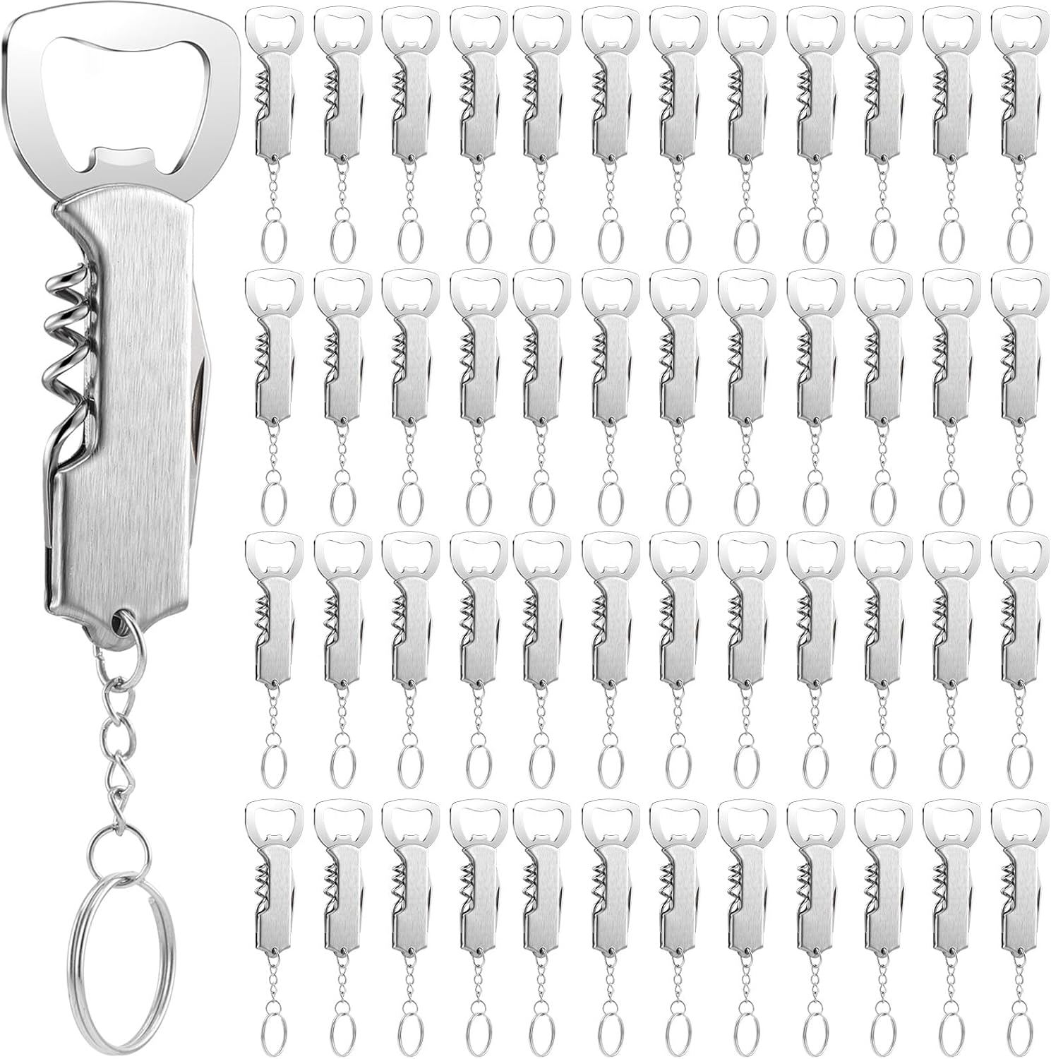 48 Pcs Bottle Opener Keychain Bulk Wine Bottle Beer Opener Keychain 3.27" Stainless Steel Corkscrew Waiter Corkscrew Wine Keyring Gifts for Christmas Bar Party Wedding Home (Silver)