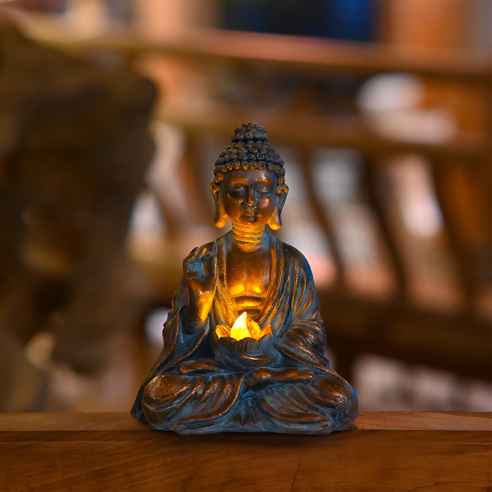 Buddha da giardino con luci a LED di loto, statua Zen in resina, decorazione cortile, terrazza, davanzale