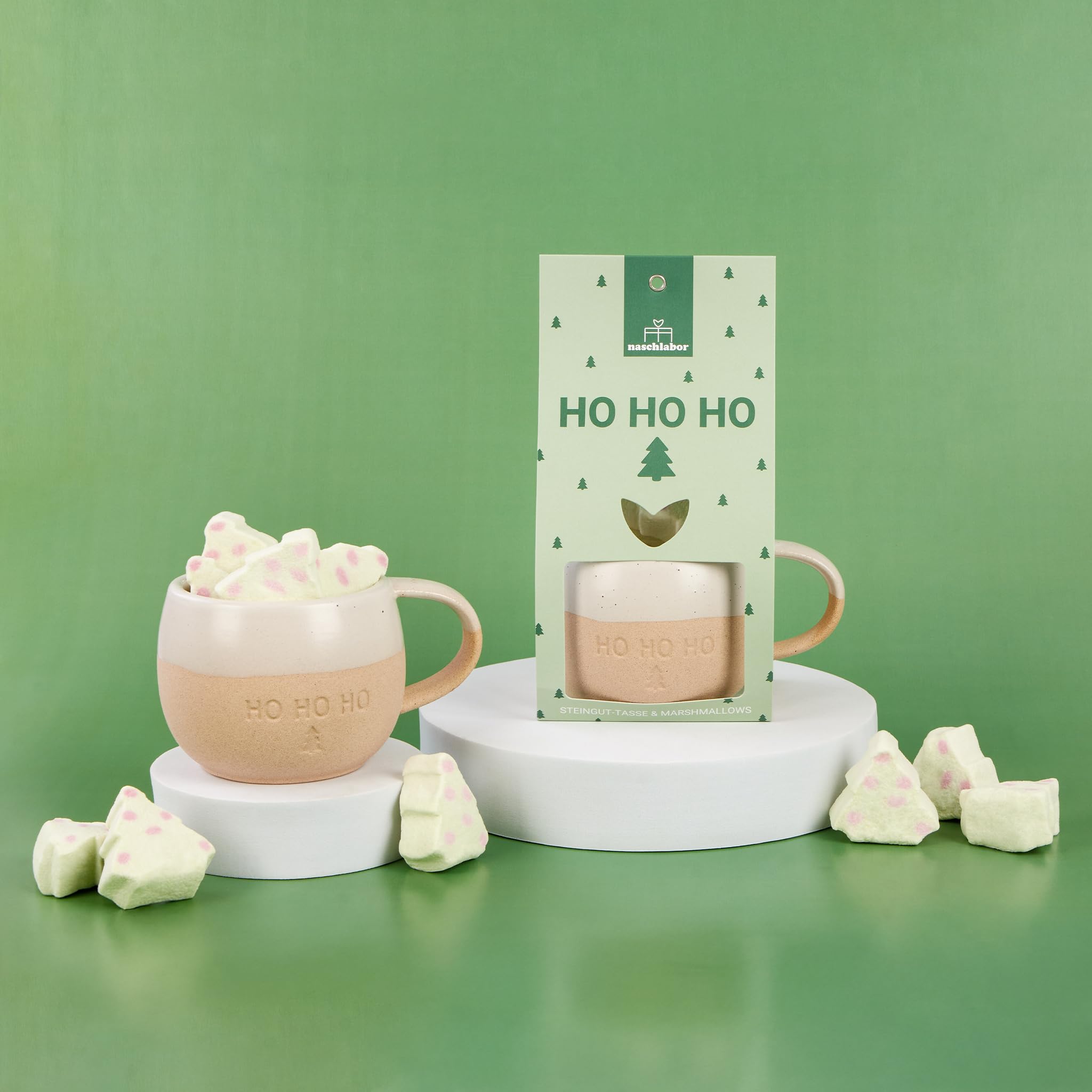 6er Set Ho Ho Ho mit Tasse und Marshmallows in Tannenbaum-Form | Weihnachtliche Idee für Familie, Freunde & Kollegen | Süßes Mitbringsel für Advent & Weihnachten | Perfekt zum Dekorieren, Genießen
