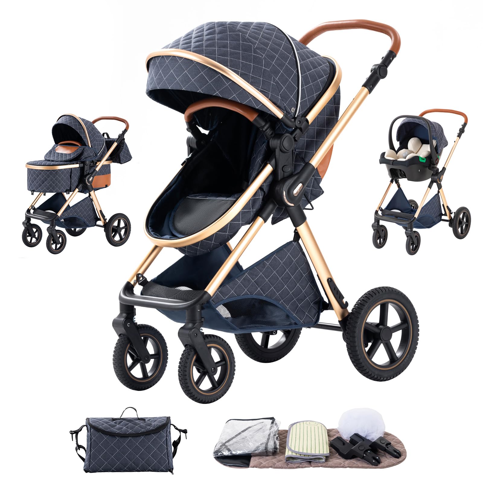 Poussettes 3 en 1 Citadines Poussettes Combinées Poussette Tricycle Baby Walker Poussette Haute Paysage Poussettes Landau pour 0-36 mois Pliantes Trolley Bébé (H2-BLUE, H2)