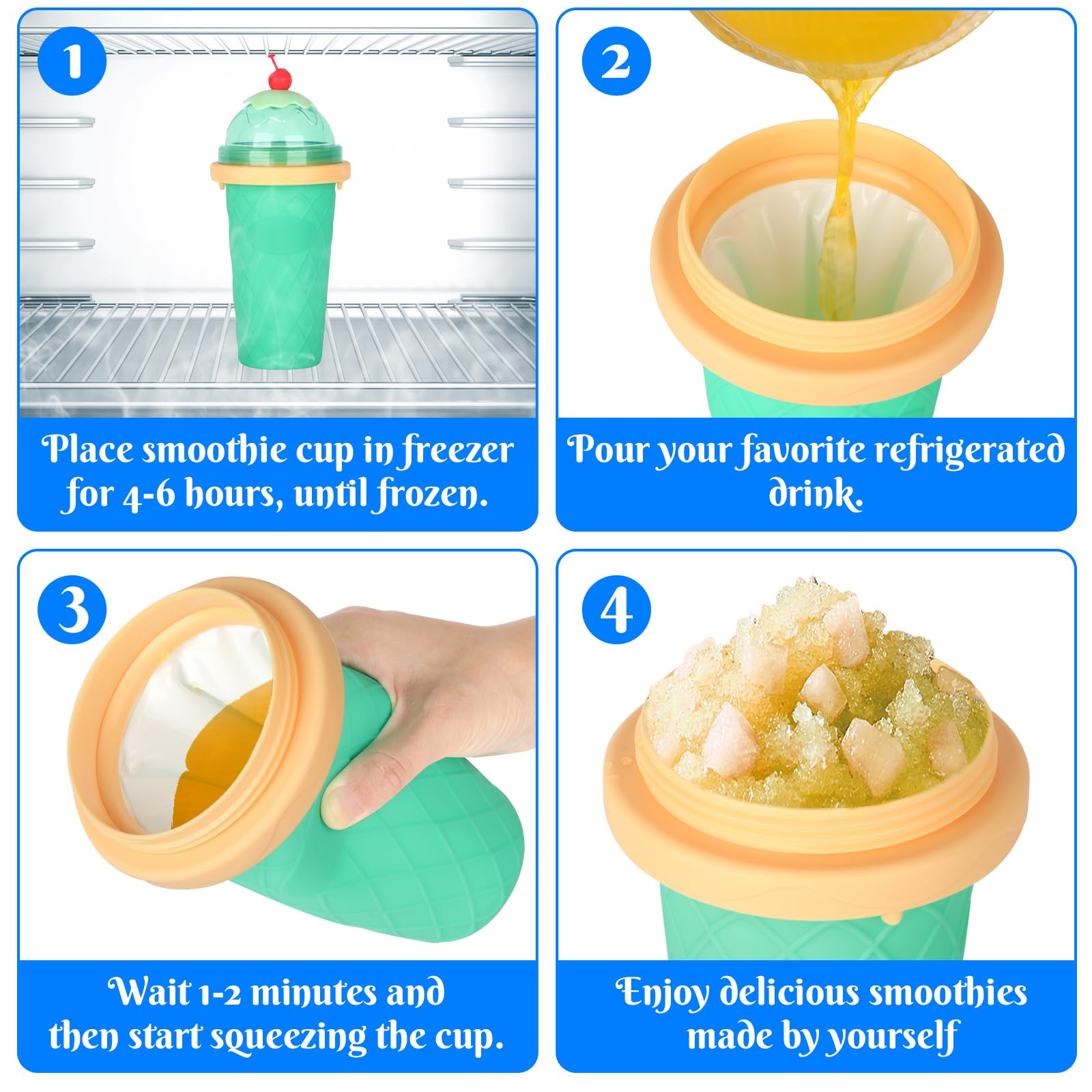 Silikonowy kubek do slushy typu "zrób to sam", ze słomką i łyżeczką 2 w 1, kubek do ugniatania smoothie pinch Ice Cup, "zrób to sam", jasnozielony