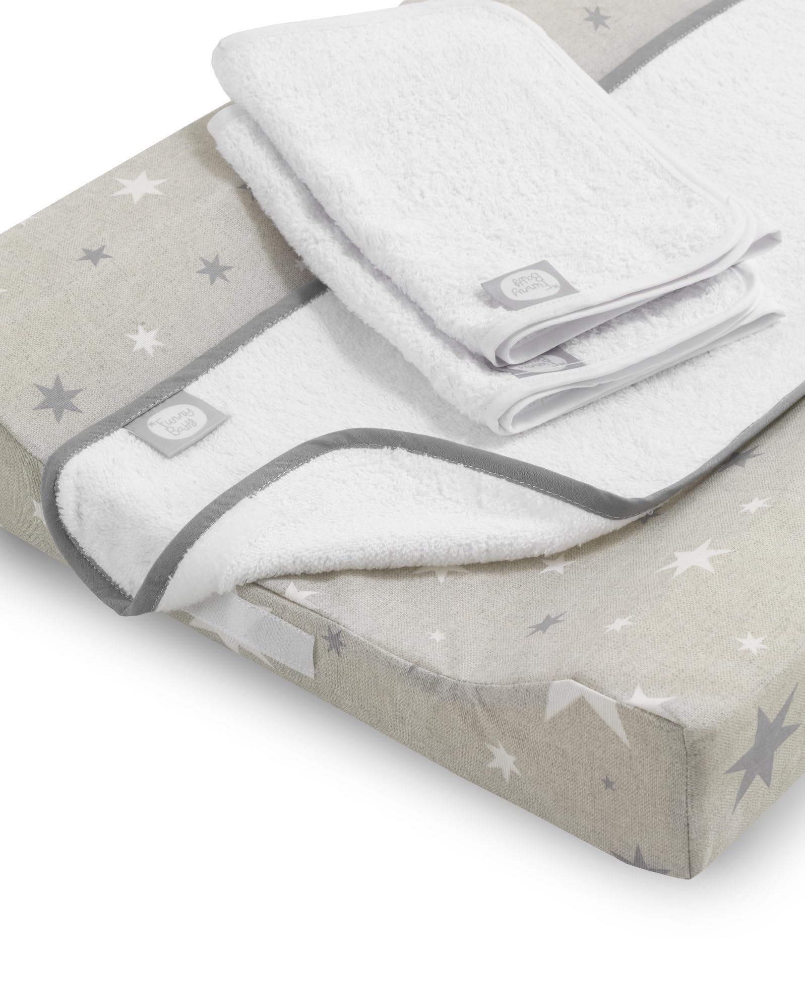 Funny Baby - Colchón Cambiador Bebé 48 x 70 cm | Impermeable, Desenfundable, Ergonómico y Seguro – Incluye una Toalla de Rizo de Algodón | Estrellas