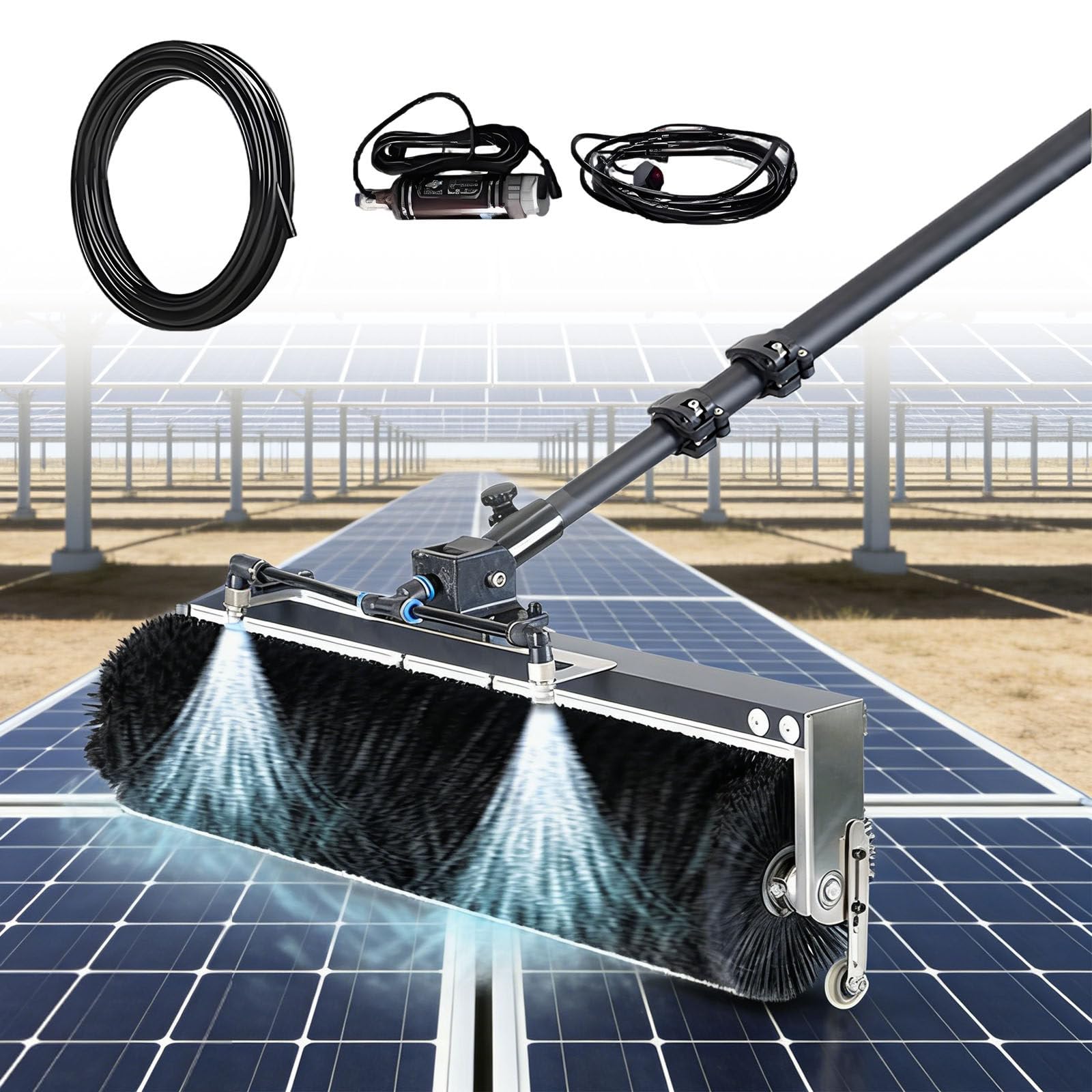 Elektryczna szczotka do czyszczenia paneli słonecznych z drążkiem, silnik 350 obr./min, głowica szczotki 60 cm, tryby czyszczenia na sucho/mokro, system słupów zasilanych wodą do paneli słonecznych