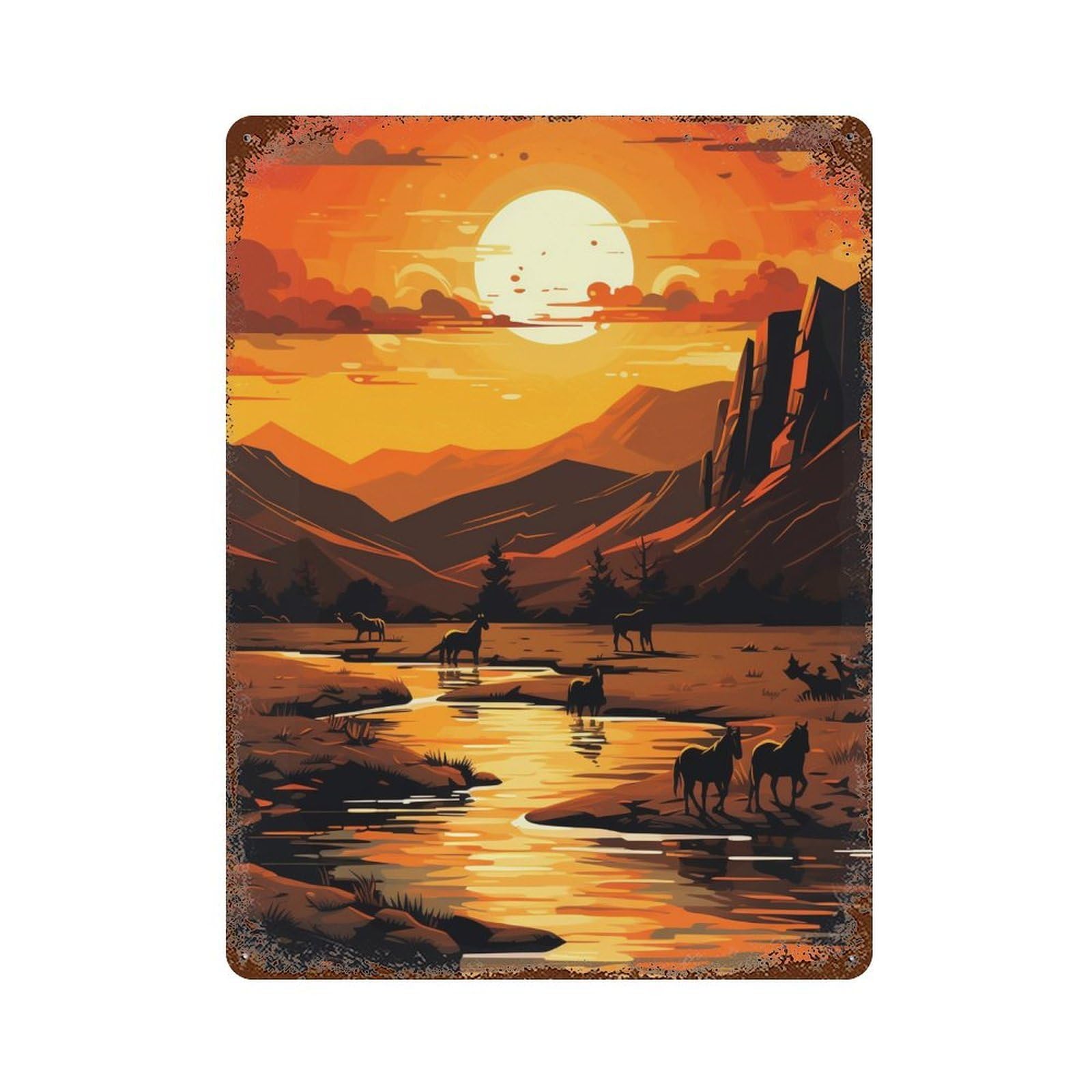 Garage Style Western Sunset Landscape Rusty Metal Tin Sign 15.7"x11.8", Classic Wall Plaque for Bar And Workshop
