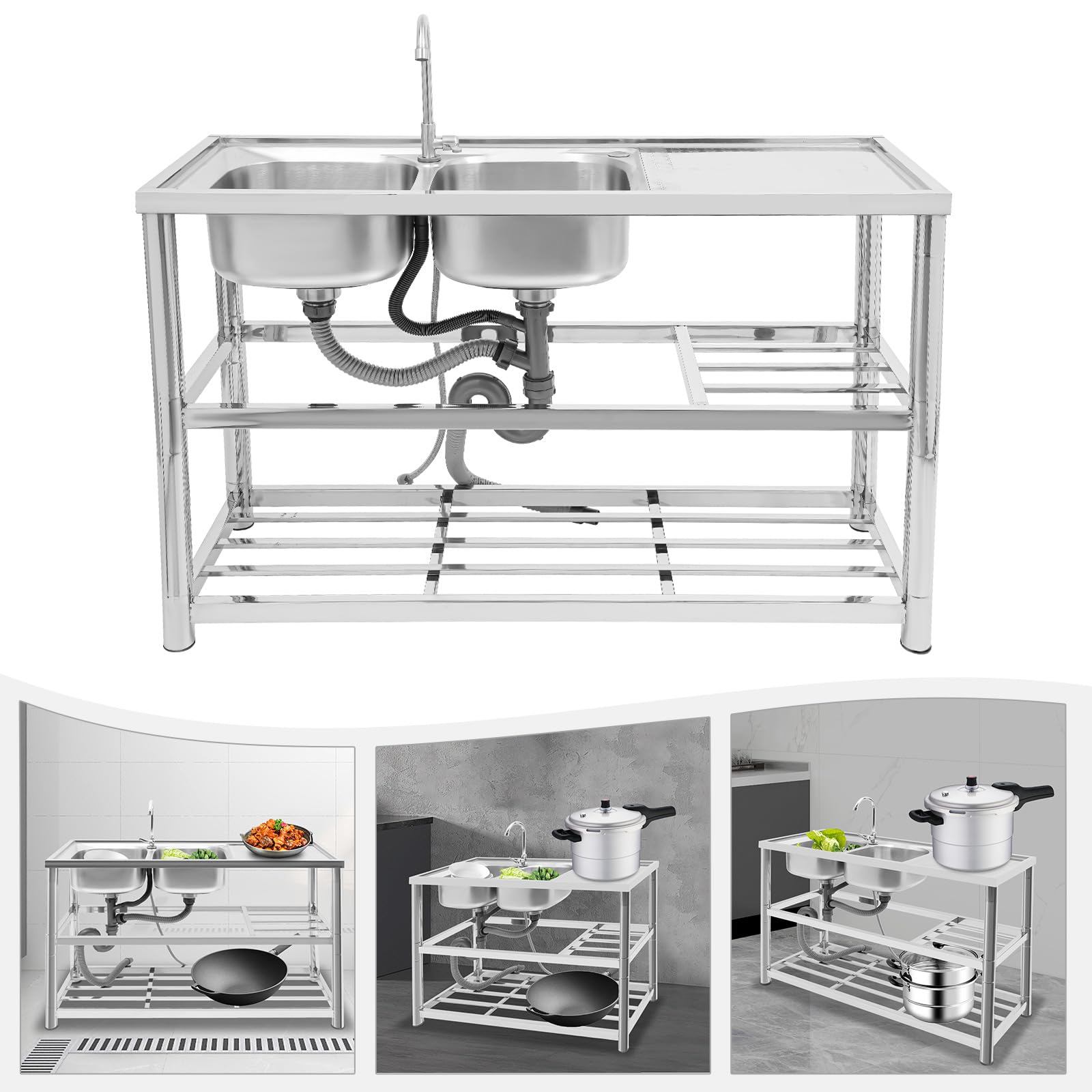 Lavello da cucina in acciaio inox, a 2 vasche a 3 livelli, autoportante, con rubinetto, per ristorante, campeggio, 120 x 45 x 80 cm, con accessori e scolapiatti