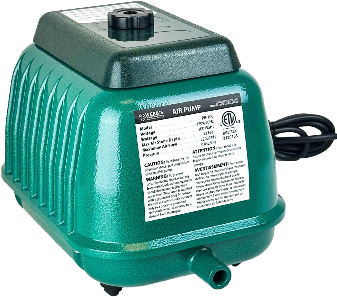 Webb's Pond Ripple Air Pump PR60, Aerate Ponds up to 7,000 Gallons, Quiet & Reliable, Energy-Efficient Pond Aerator for Koi Ponds & Water Gardens, 70 LPM / 2.47 CFM, 115v