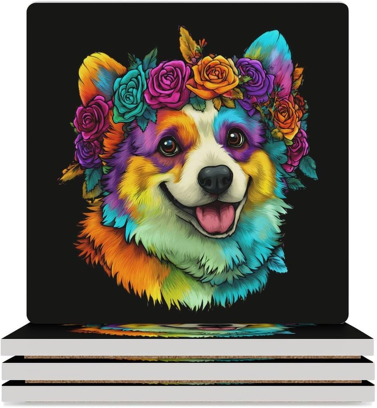 Corgi Colorful Coaster for Drinks Square Ceramic Table Coasters Stone Mat Crafts 4PCS Home Kitchen Decor