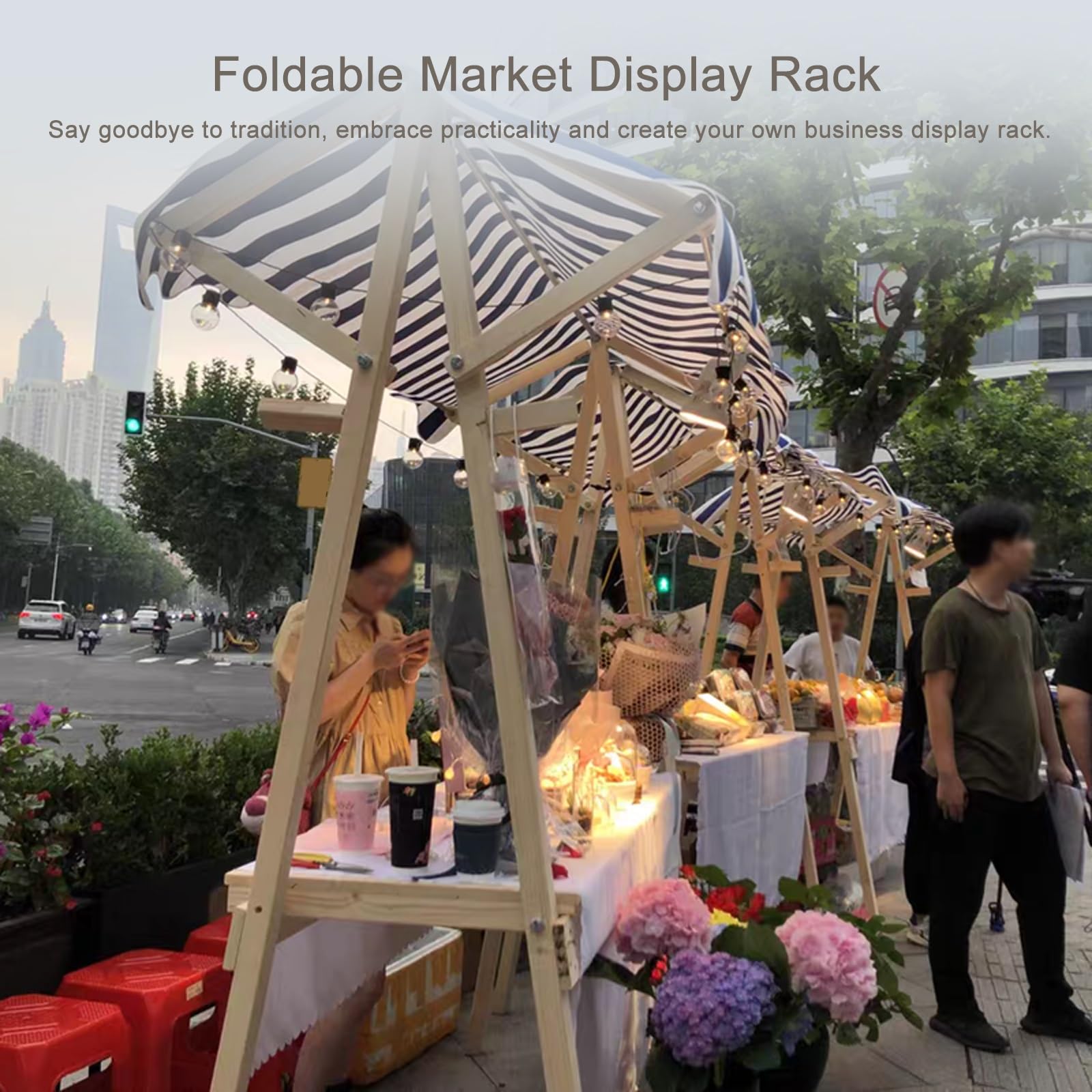 Carrello portatile in legno con baldacchino a righe, display esterno leggero per mercati, festival alimentari ed eventi, 120 cm / 47.2in, giallo