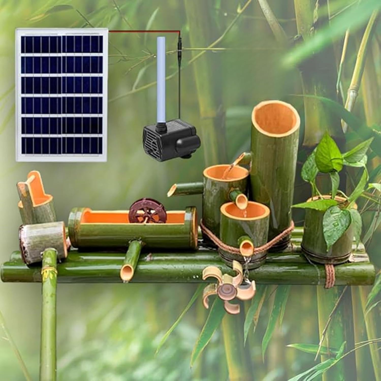 Handcrafted Bamboo Photo voltaic Water Fountain Equipment, Zen Backyard Water Function with Rotating Water Wheel, Feng Shui Decor, for Hen Tub, Balcony, Garden, Patio, Pond, Fish Tank