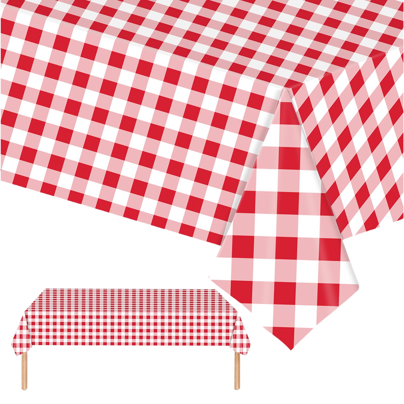 2P Red Checkered Table Cloth Party,137*274cm Red Pink White Xmas Gingham Tablecloth,Kid Adult Red Plastic Table Cover,Large Rectangular Christmas Table Cloths for Parties BBQ Picnic Birthday Wedding