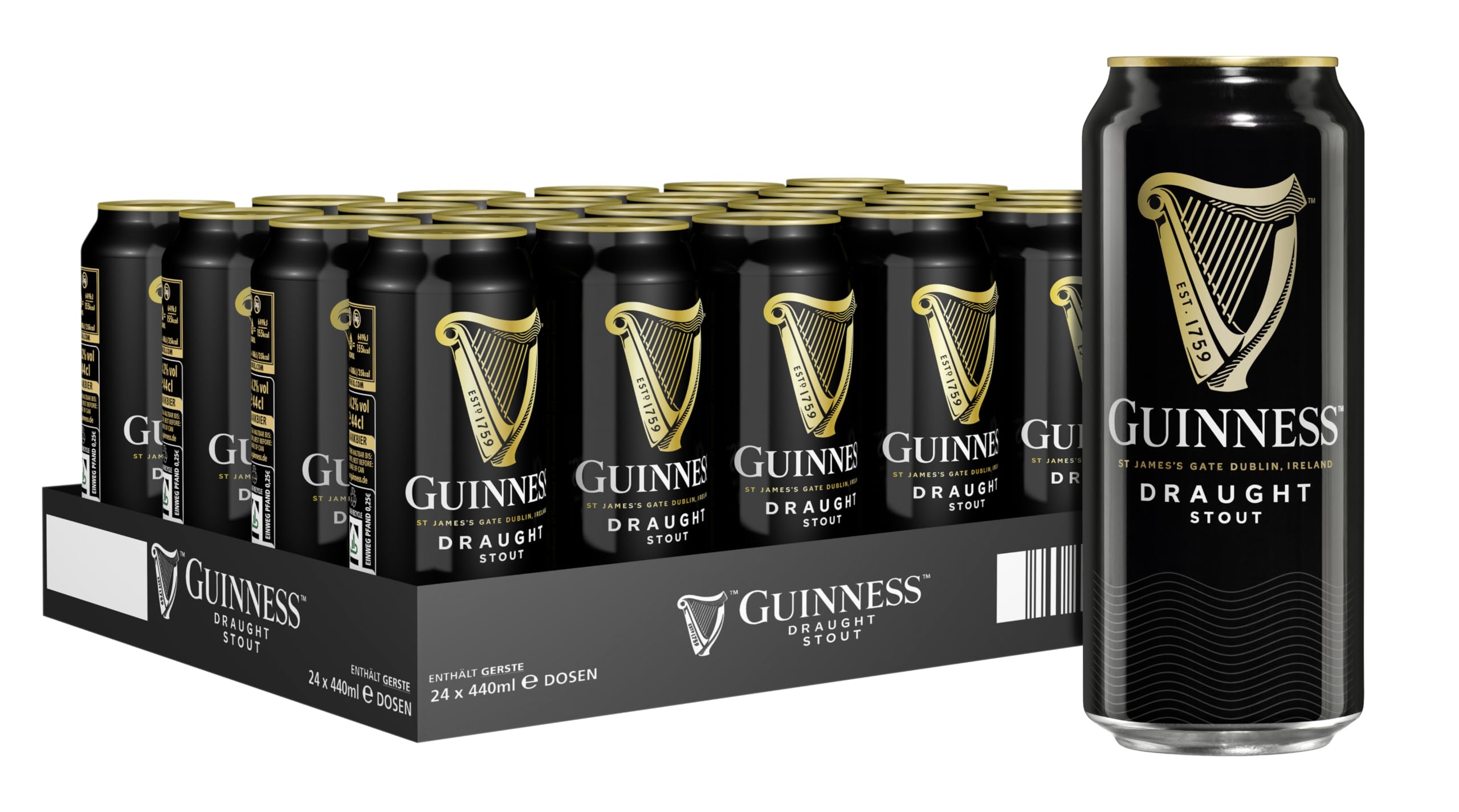 Guinness Draught, EINWEG 24 x 0,44 L Dose | 440 ml (24er Pack), Sortenreines Dosen-Set lose