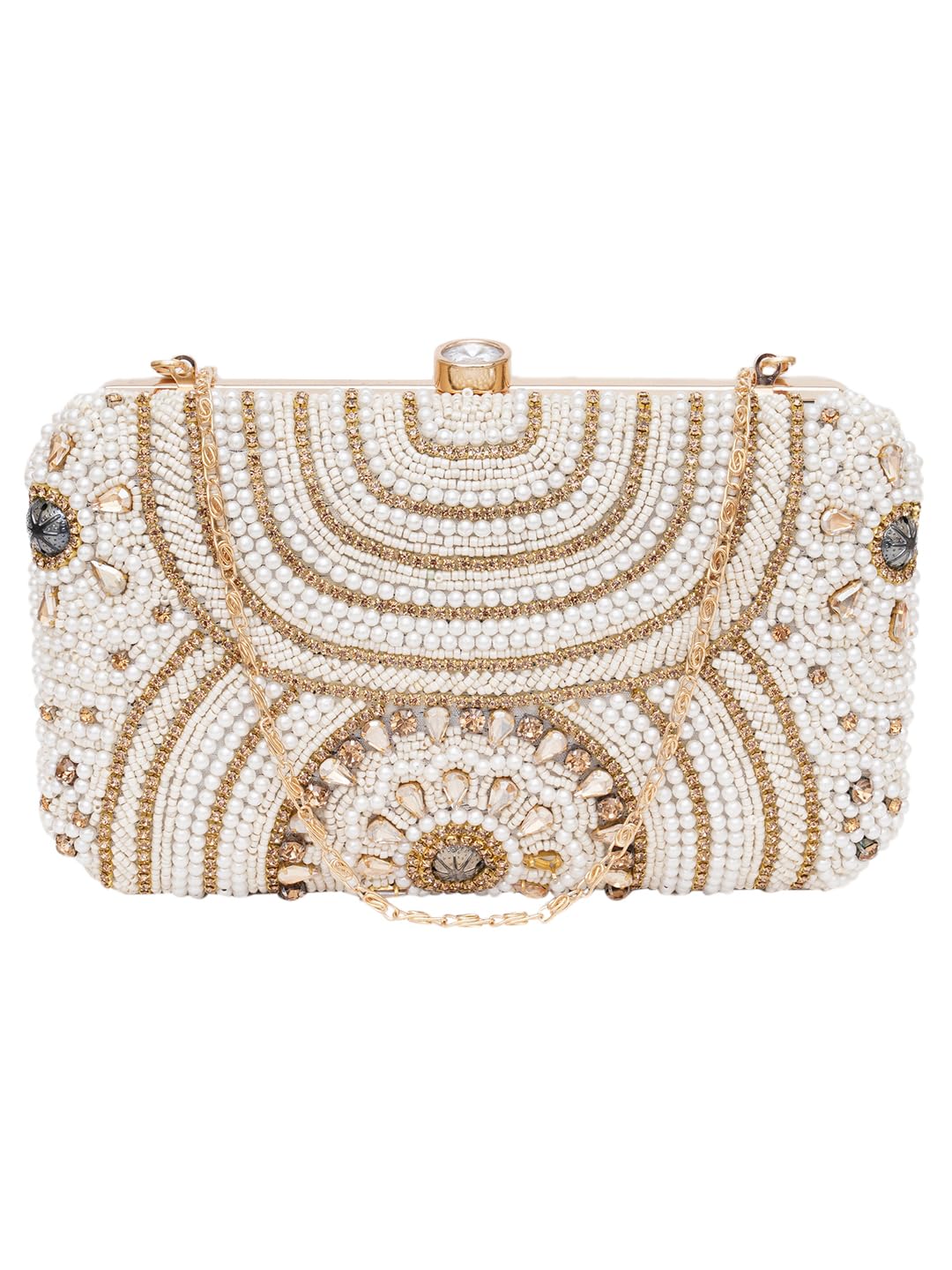 FABBHUE Womens White & Gold Beaded Hand Embroidered Party/wedding/Ethnic Box Clutch Bag Frame Purse with shoulder chain strap (B0CCXVDWHN) Amazon Price History, Amazon Price Tracker