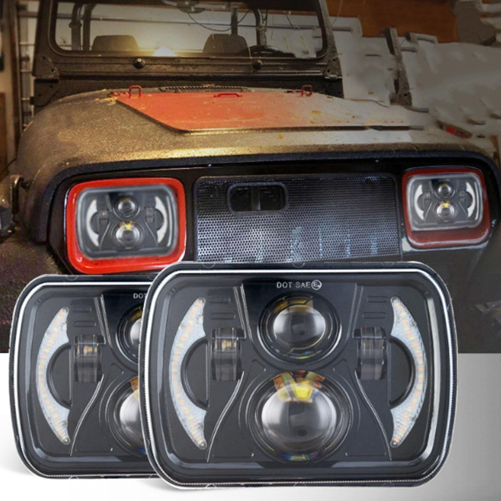 Faro Quadrato a LED, Faro Quadrato DRL per Auto, Indicatore di Direzione, Impermeabile, Compatibile con Cherokee XJ YJ Comanche MJ 240SX