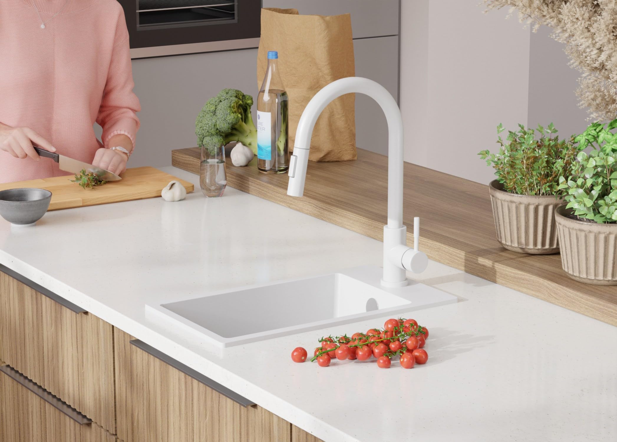 PRIMAGRAN Evier Cuisine en Granit Tout Blanc 28x50cm, Lavabo 1 bac + Robinet 32x20cm + Kit de Vidage, Évier à Encastrer au Meuble 30cm - Riga S014