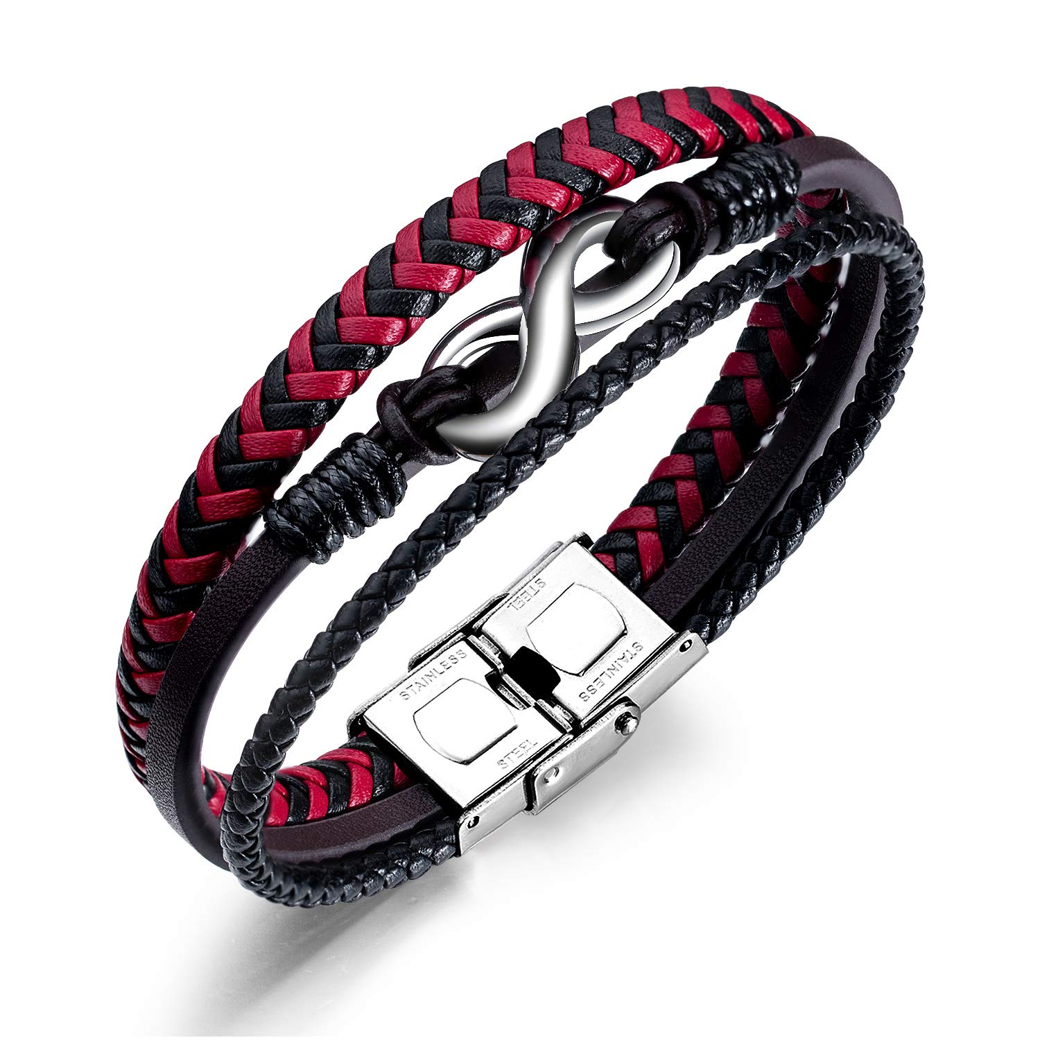 MishowMens Womens Leather Bracelet, Love Infinity Charm Bangle, 8.26 inch, Red & Black Tone