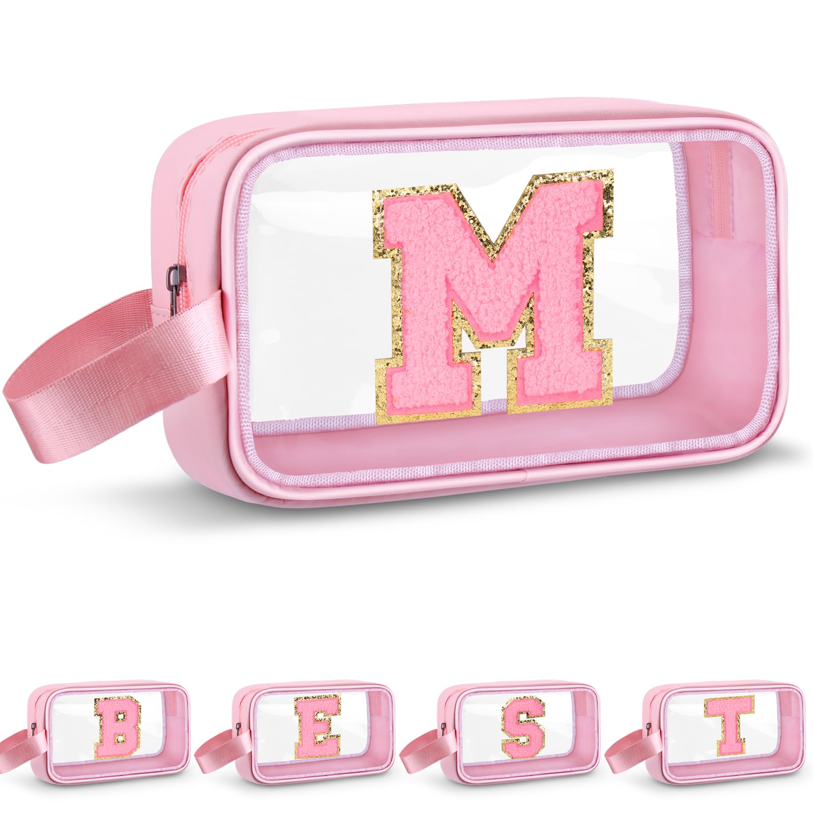 Vodolo Initial Makeup Bag,Letter M Cute Clear Monogrammed Cosmetic Travel Bag for Womens Girls,Personalized Pink Aesthetic Traveling Make Up Organizer