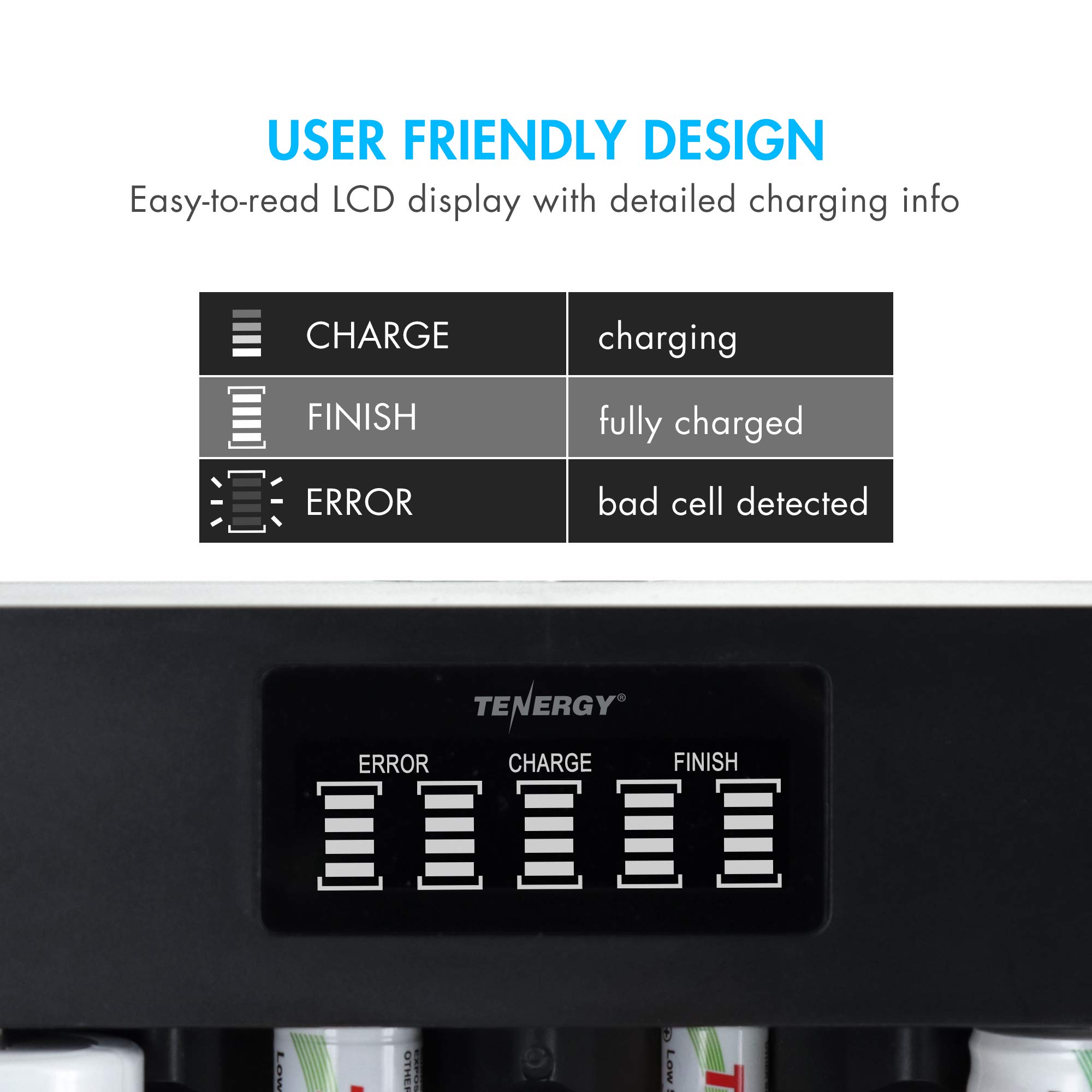 Tenergy Confezione da 4 batterie Centura Lite D Size e caricabatterie universale TN486U a 5 alloggiamenti con LCD, ingresso micro USB/tipo C