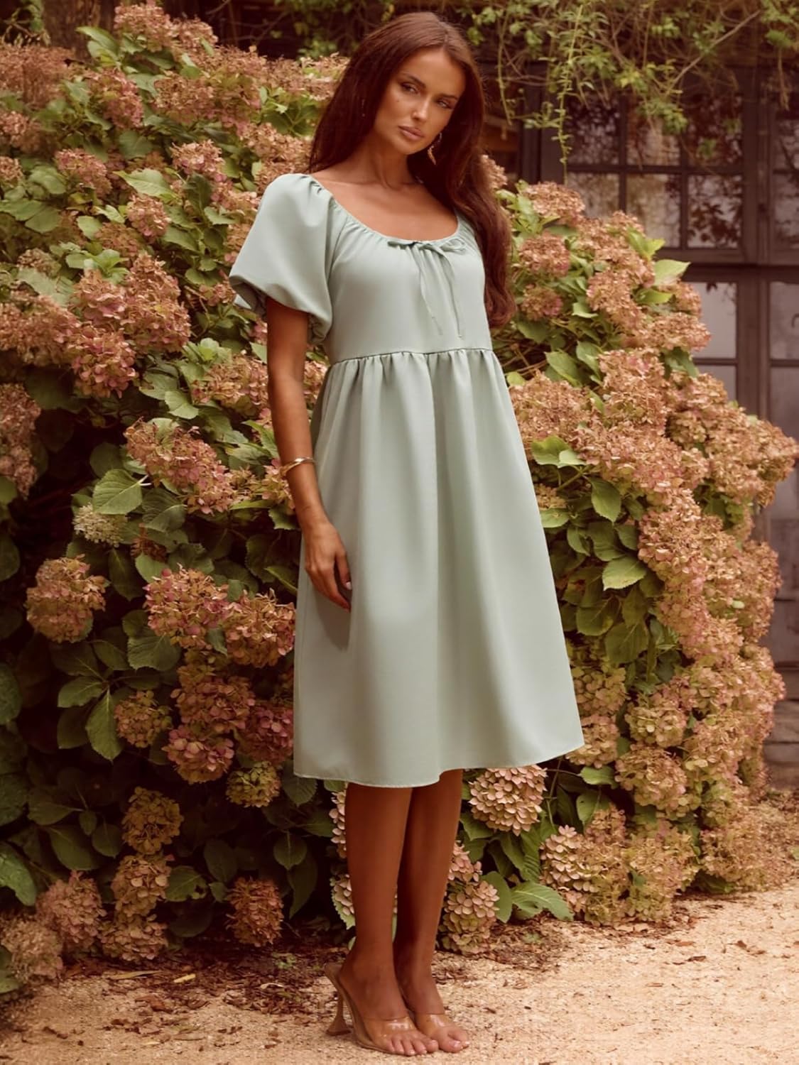 YUNDAI Women’s Puff Sleeve Babydoll Mini Dress Square Neck Casual Short Dress Green - Image 5