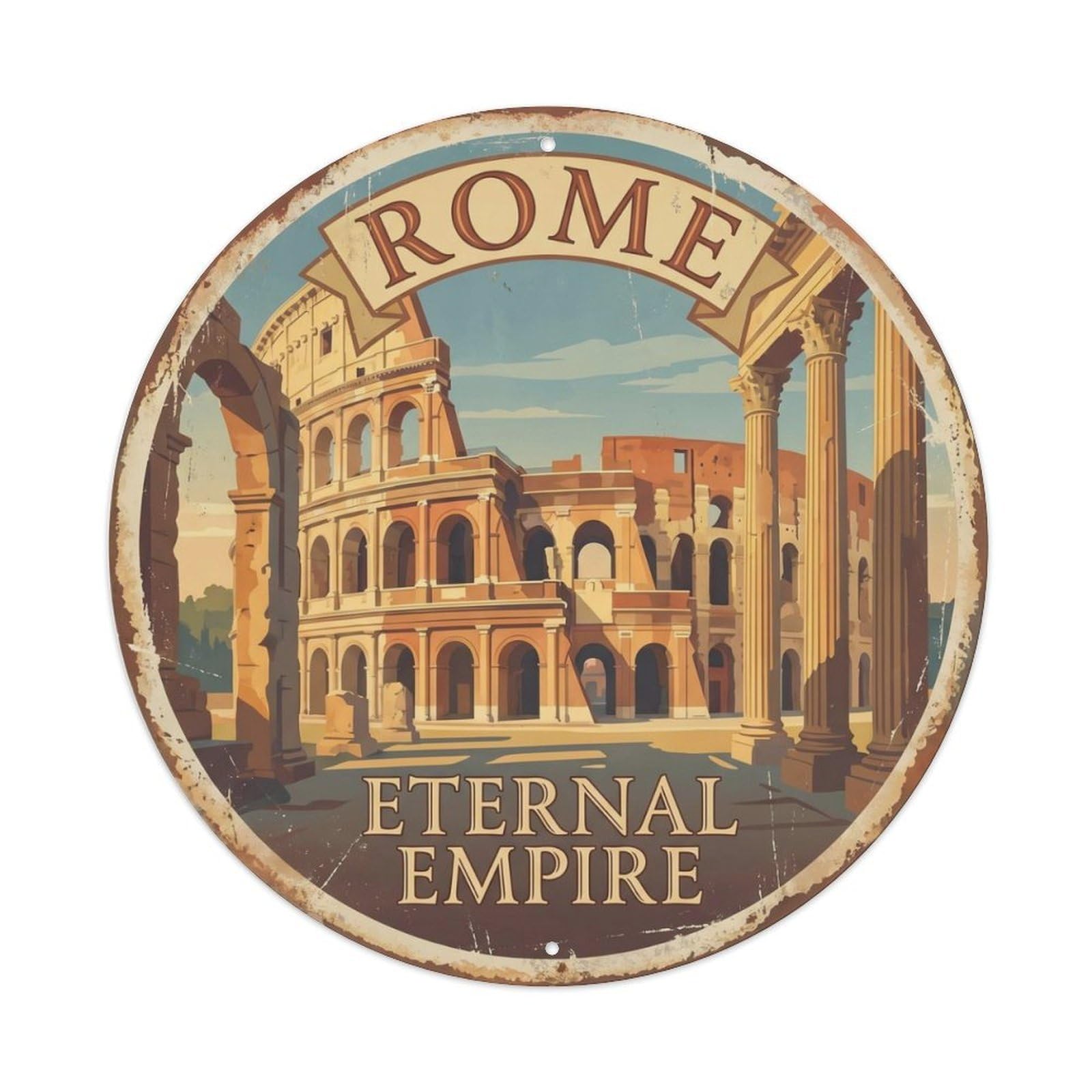 Vintage Travel Colosseum Rome Italy Metal Tin Sign Plaque Wall Decor for Cafe, Club Bar, Office, Home Garden Round Metal Poster 8x8Inch