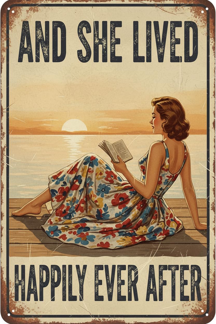 Plaque Metal Sign and She Lived Happily Ever After Girl Vintage Art Wall Decor Sign for Home Bar Pub Cafe Farm Room 8"x12" with Black Metal Framed