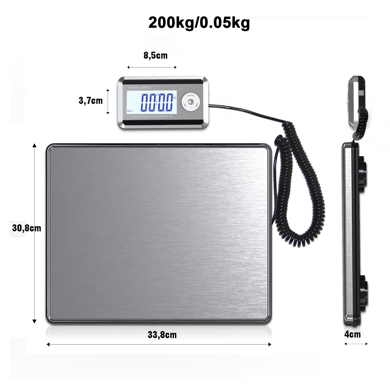 Nilpferd Paketwaage bis 200kg/50g Plattformwaage Briefwaage mit Große Plattform L*B-38,8 * 30,8 cm aus Edelstahl,Externes Beleuchtetes LCD Display 4*AA-Batterien oder AC-Adapter (Silber1)