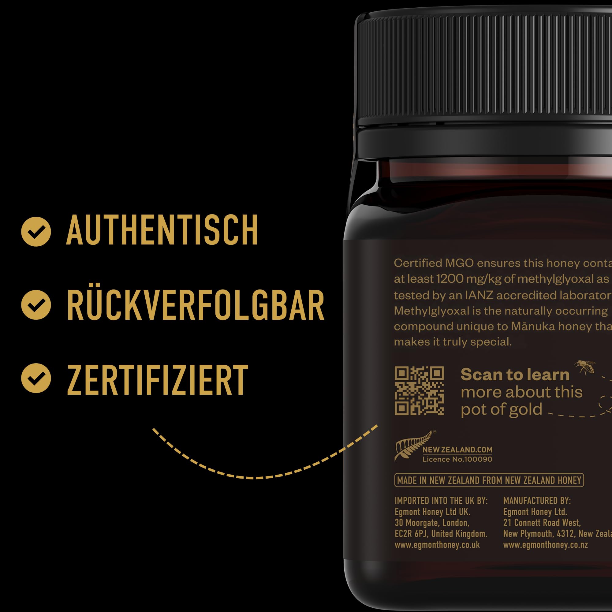 Egmont Honey Manuka Honig 1200+ MGO 25+ UMF | 250 g | 100% Reiner Manuka Honig aus Neuseeland, UMF-zertifiziert, Premium Qualität, Non-GMO, Koscher, Rückverfolgbar, Geschenkbox | Hohe Intensität | Roh & Nicht Pasteurisiert | UMF 25+ | Monofloral Premium-R