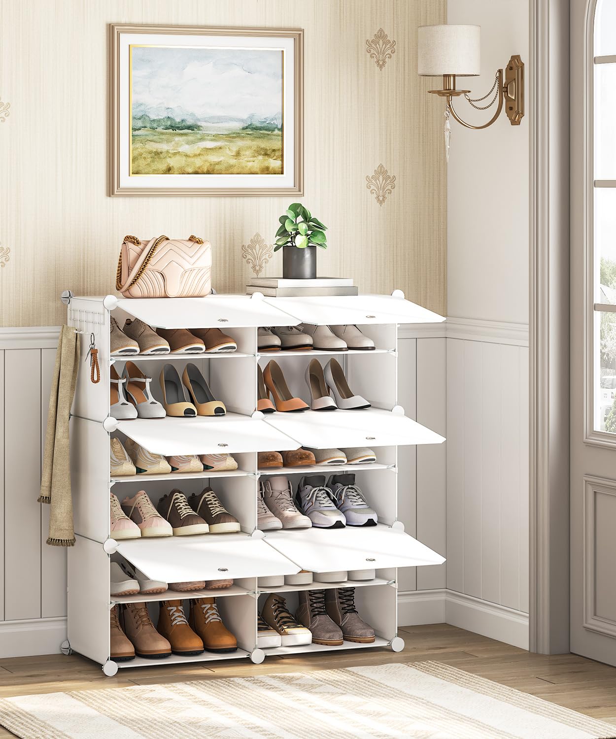 HOOBRO Schuhregal mit 6 Fächern, Schuhschrank, für 24 Paar Schuhe, 40 x 30 x 30 cm pro Fach, schmal, mit Türen, Kunststoff, für Wohnzimmer, Schlafzimmer, Flur, Eingang, Weiß EWT26SC01G1