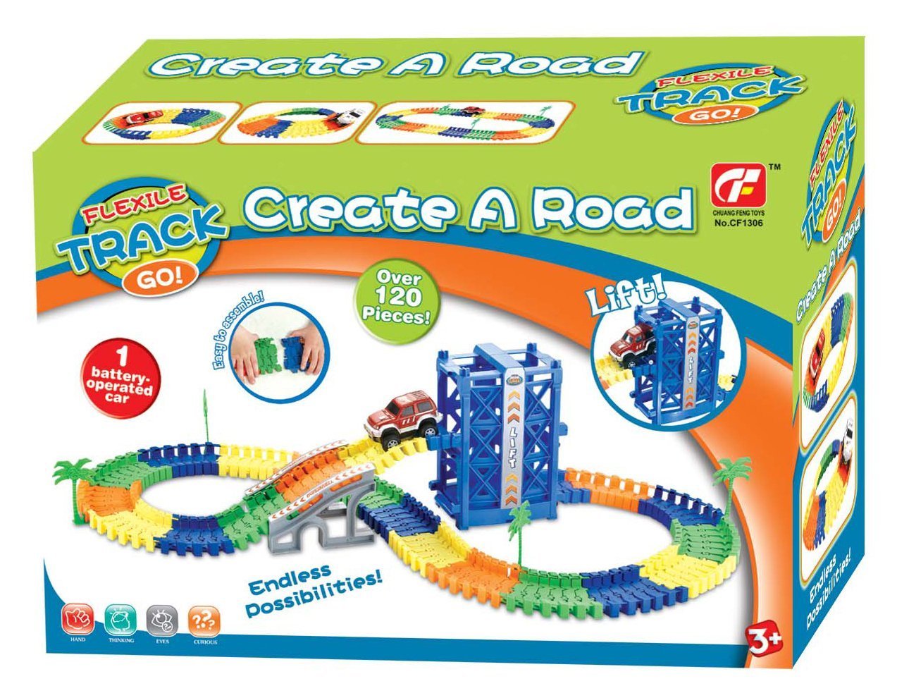 Track Cars for Kids Flexible Race Set with Lift Bridge & Car 120pk Multicolor STEM Building Toys for Boys and Girls