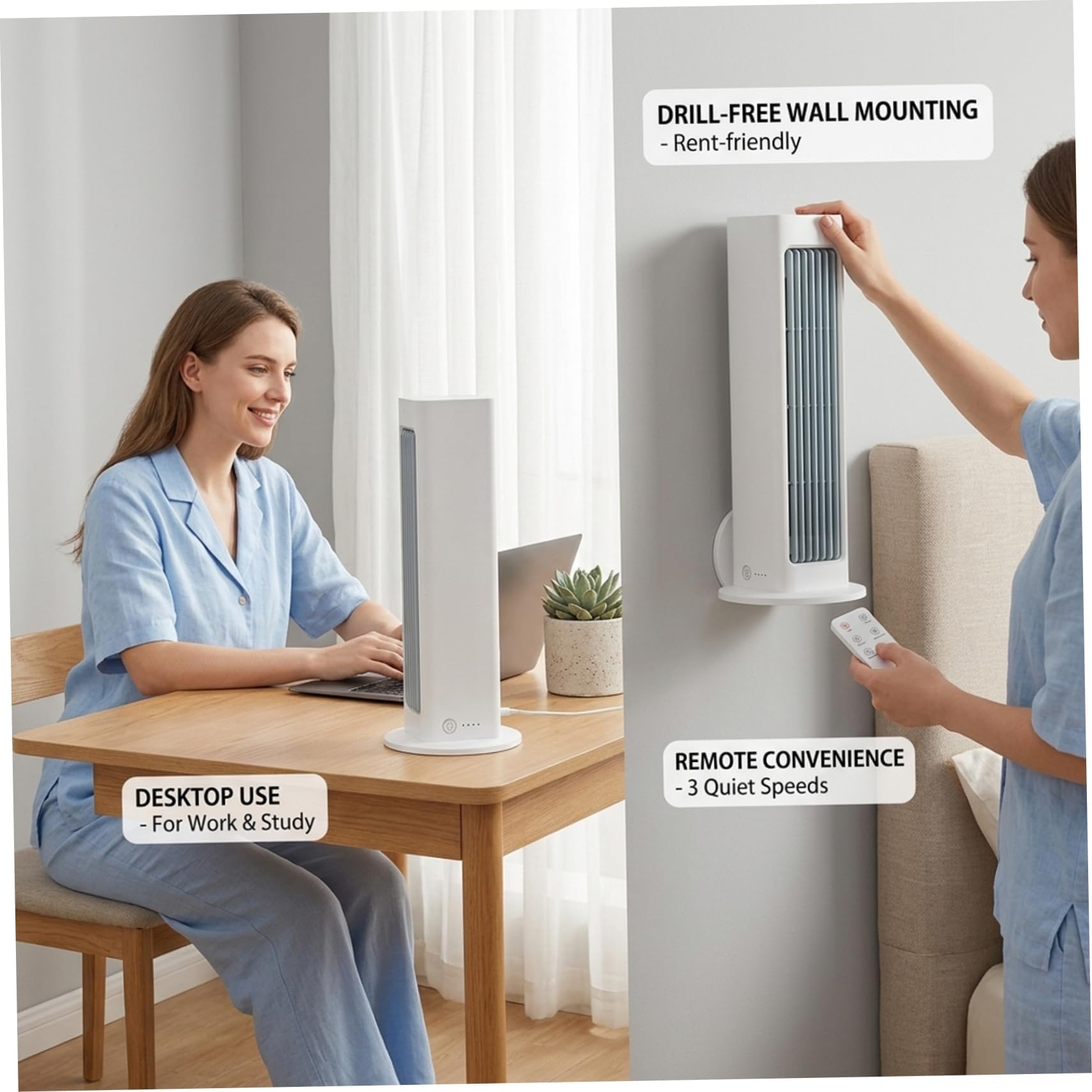 Ventilador de torre portátil sin aspas, 4000 mAh recargable pequeño enfriador de aire con control remoto, 3 velocidades, oscilación de 60° para oficina y hogar