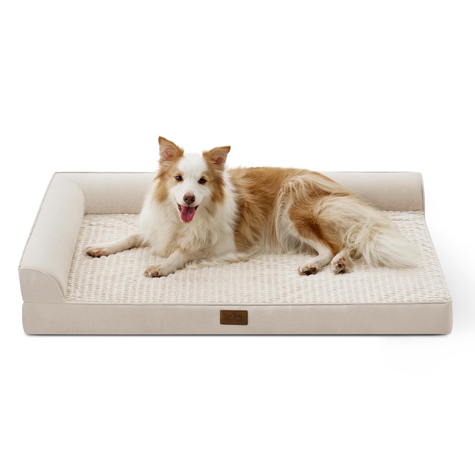 COZY KISS Orthopedic Dog Bed, Pet Sofa for Medium or Large Dog, Big Supportive Foam Bolster Couch with Waterproof Lining Cover, Anti-Slip, Washable, L-Shaped, 44x32x7 inch, Beige