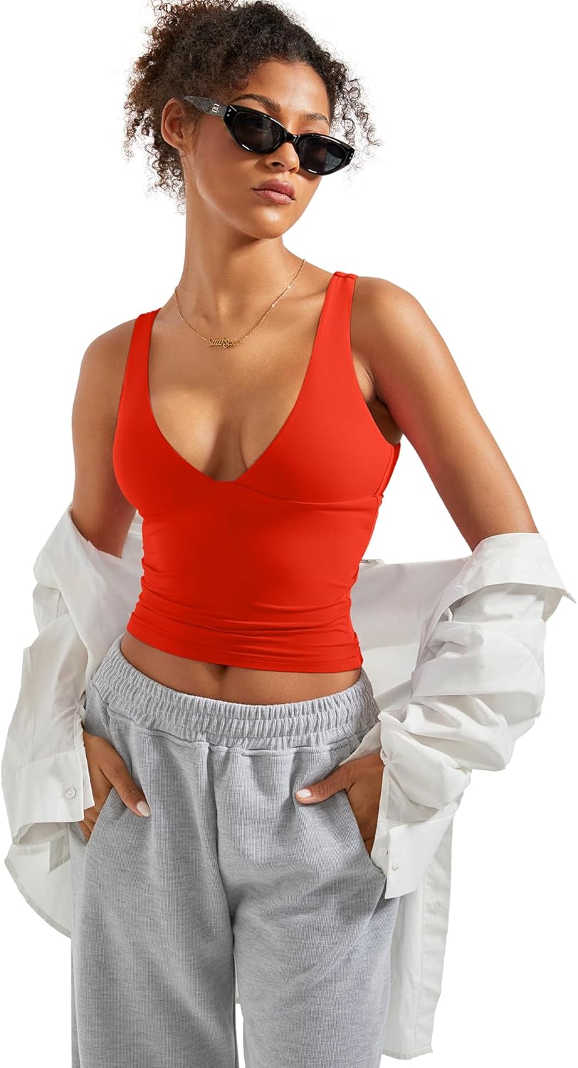 SUUKSESS Women Sexy V Neck V Back Tank Top Summer Sleeveless Going Out Double Lined Basic Tops - Image 3