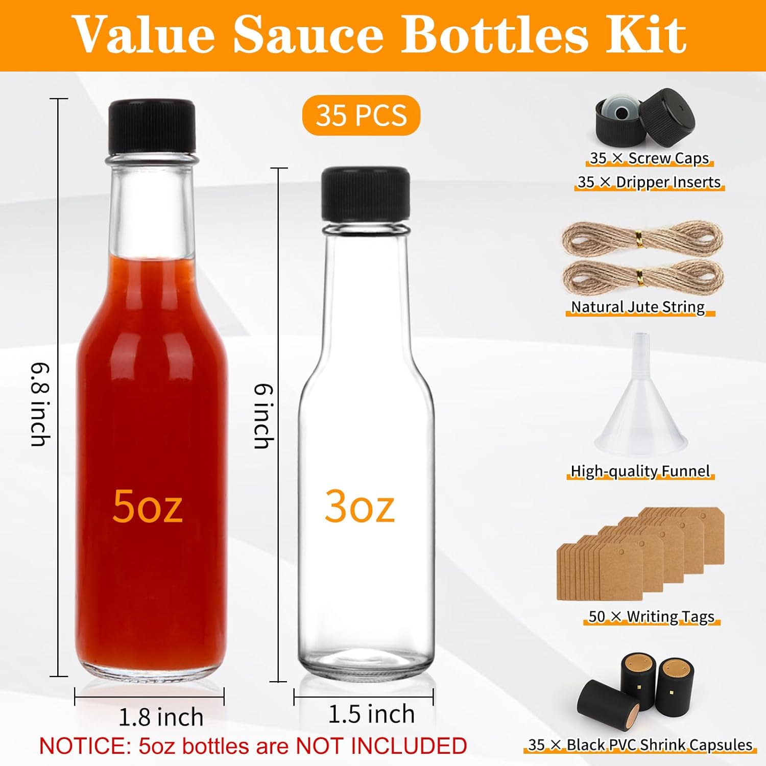 GUANENA 35 Pack 3oz Hot Sauce Bottles, Clear Glass Woozy Bottles with Leak Proof Black Screw Caps, Dripper Inserts and Shrink Capsules, Empty Small Wine Bottle with Labels (Bonus Funnel and Twine)