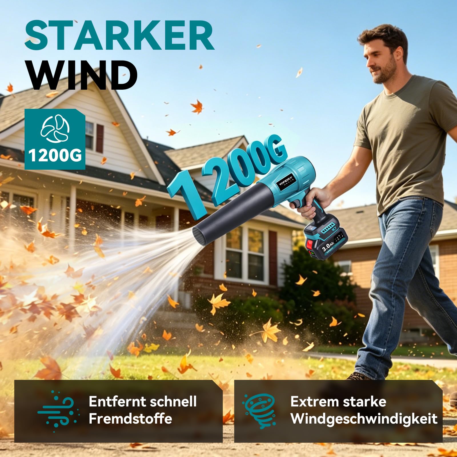Yofidra Upgrade Turbo Gebläse Akku, Bürstenloses Laubbläser Akku, 300m/s Jet Fan mit 2 Akkus, 3 Gang, 4 Düsen, 33,000RPM Turbo Fan für Laubblasen Auto Laub, Schnee, Staub