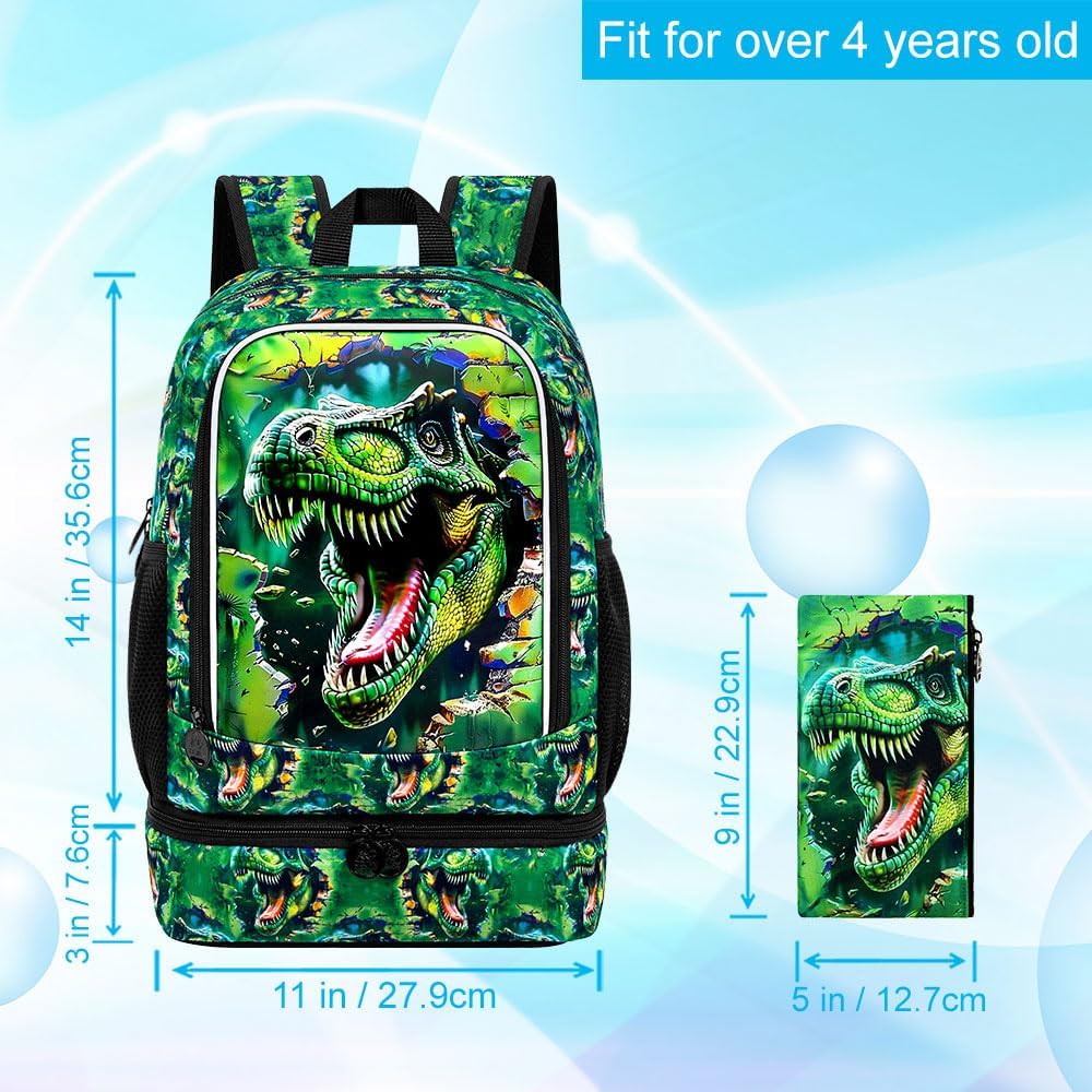 2 In 1 Dinosaur Backpack for Boys, 17" School Bookbag with Lunch Box, Kids Backpacks for Elementary Preschool Kindergarten (Green) - Image 4