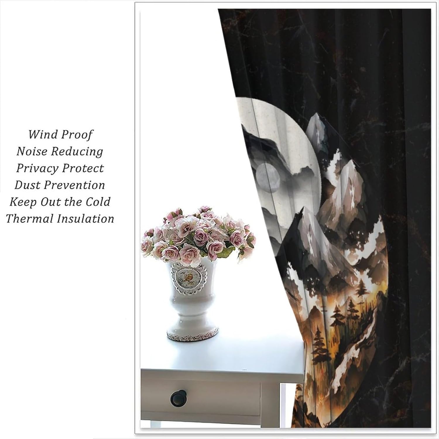 Watercolor Forest Yin Yang Blackout Curtains for Bedroom, Vintage Ink Japanese Style Yin Yang Full Moon Marble Design Rod Pocket Thermal Darkening Curtains Bedroom Curtains 2 Panels 72"L x 31.5"W