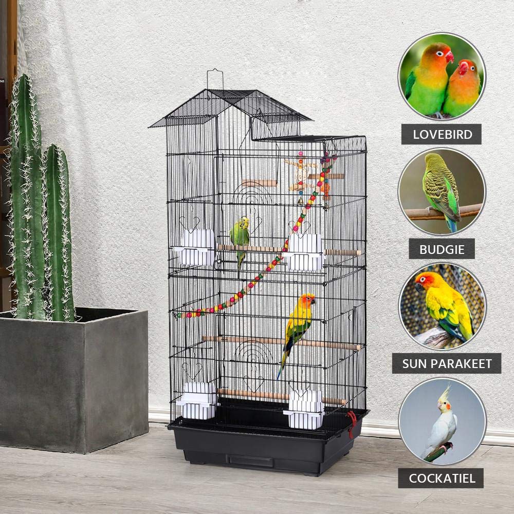 Yaheetech Vogelvoliere für Kanarien Finken, Wellensittichkäfig schwarz, Vogelkäfig 46 x 35,5 x 99 cm, Vogelhaus mit Spielzeug Klettern